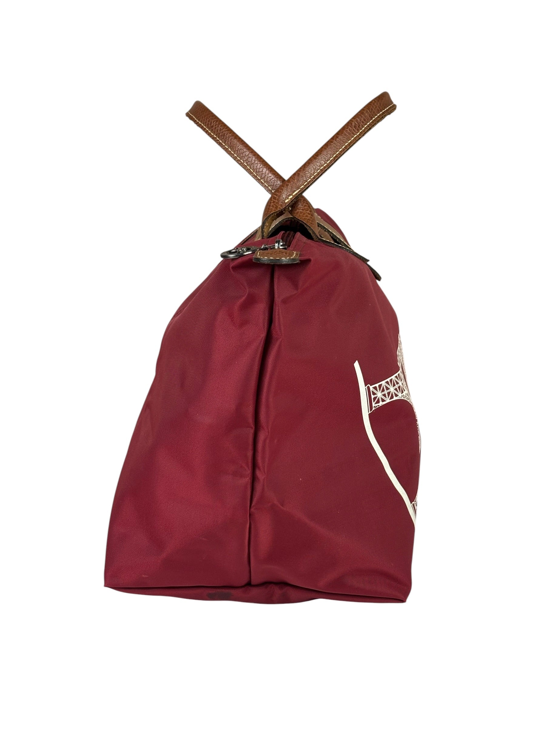 Longchamp Red Leather Trim Le Pliage Paris Eiffel Tower Tote Bag