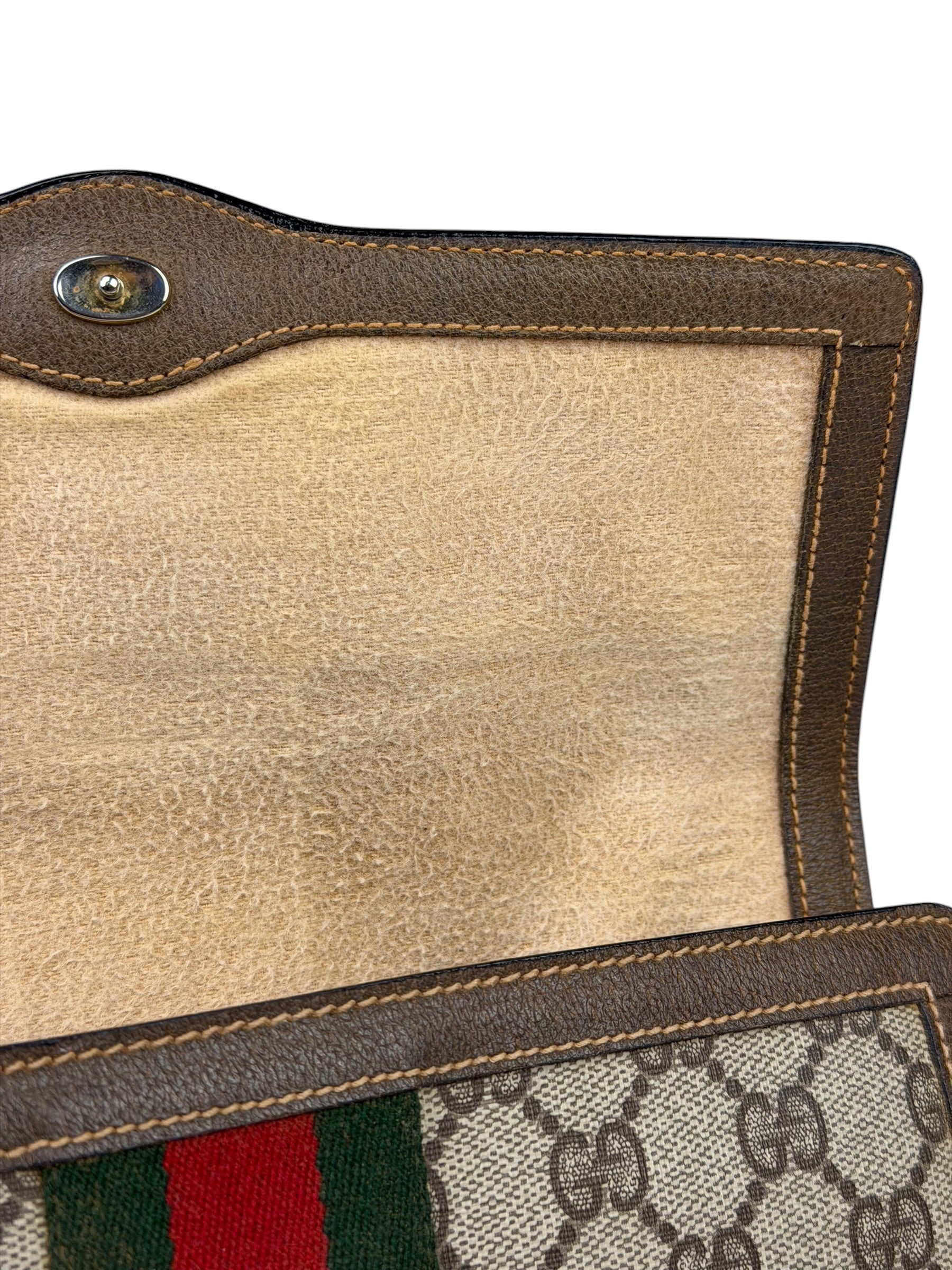 Gucci Brown Leather GG Supreme Web Stripe Clutch