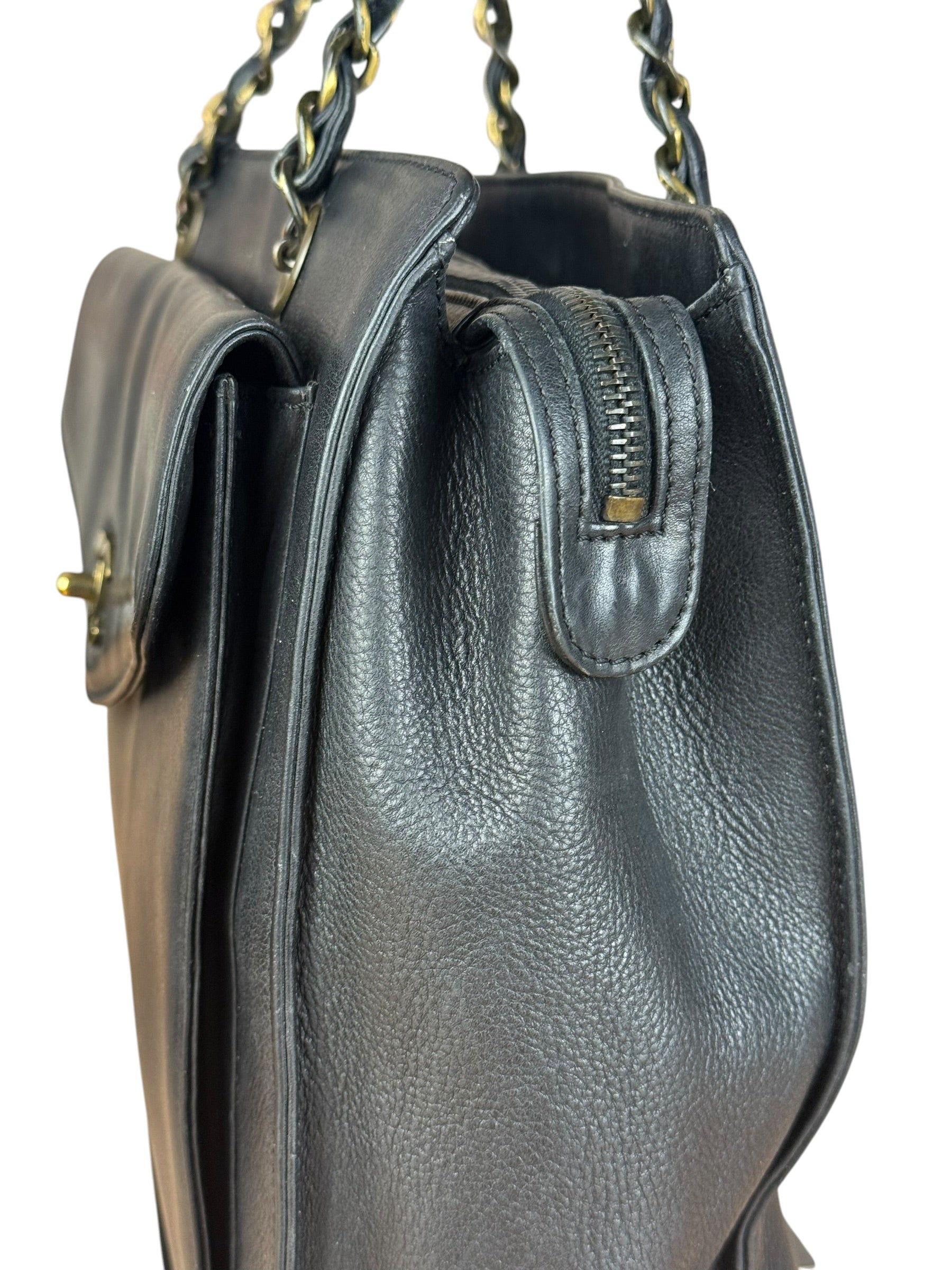 Chanel Black Leather Front Pocket Chain Tote 1998