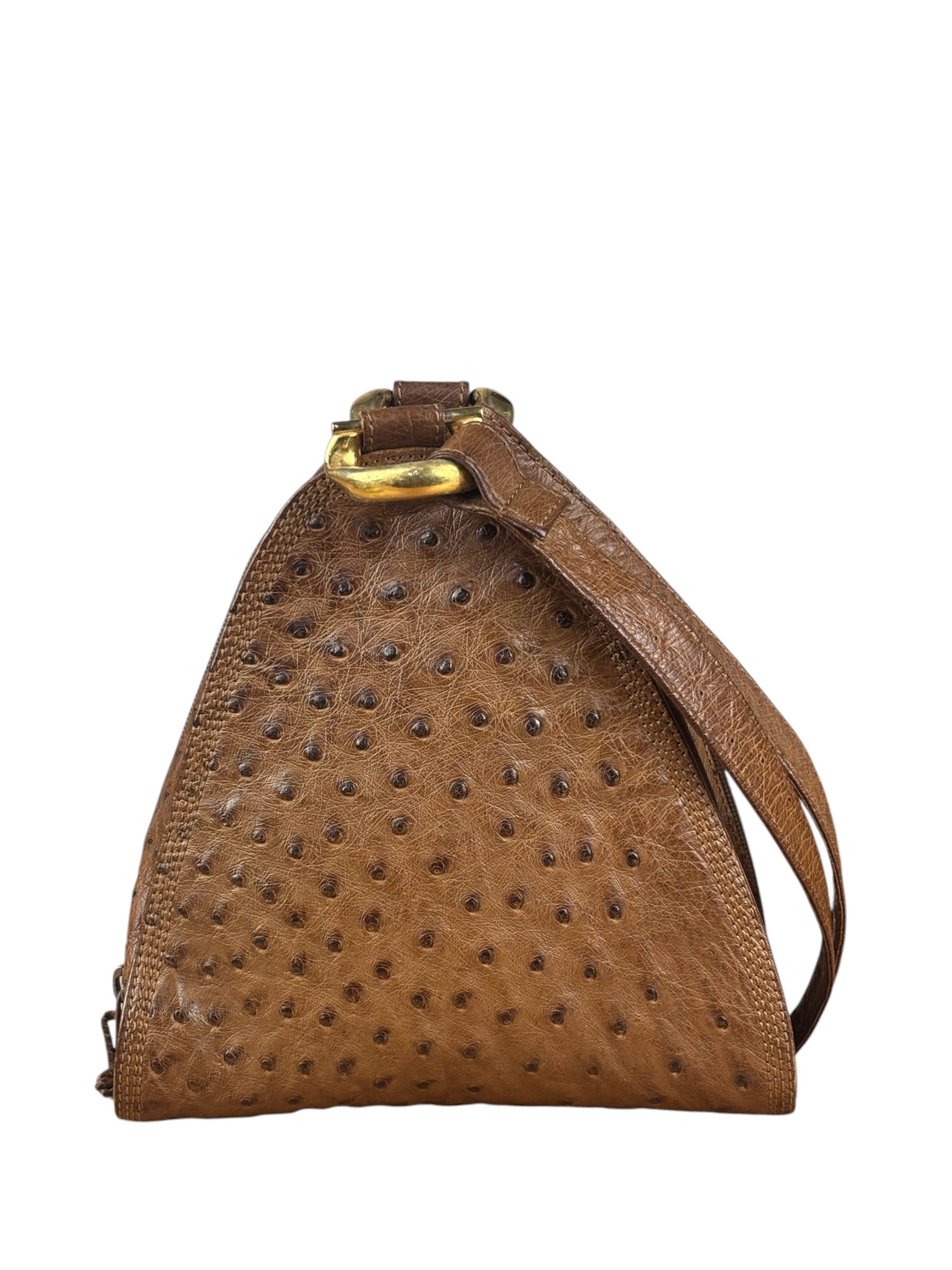Loewe Vintage Brown Ostrich Print Leather Triangular Shoulder Bag