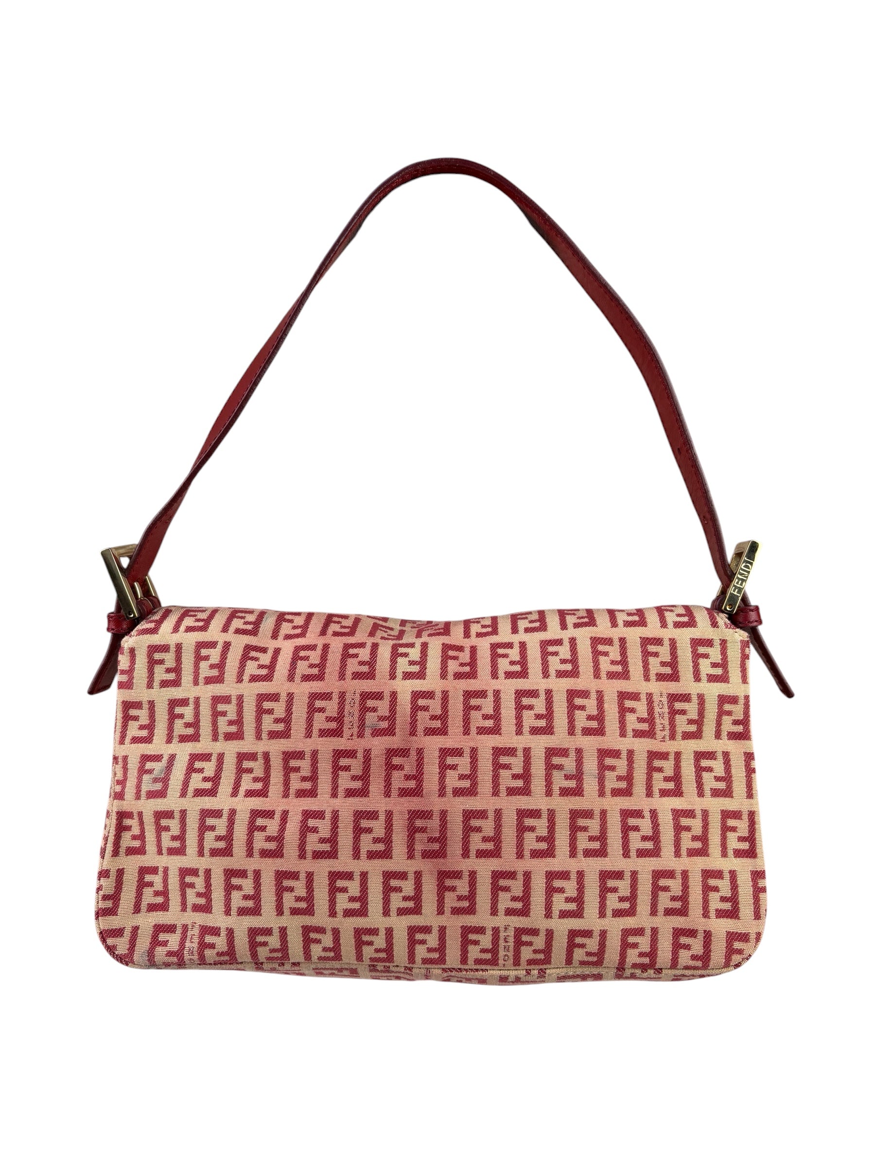 Fendi Red Leather Trim Zucca Baguette