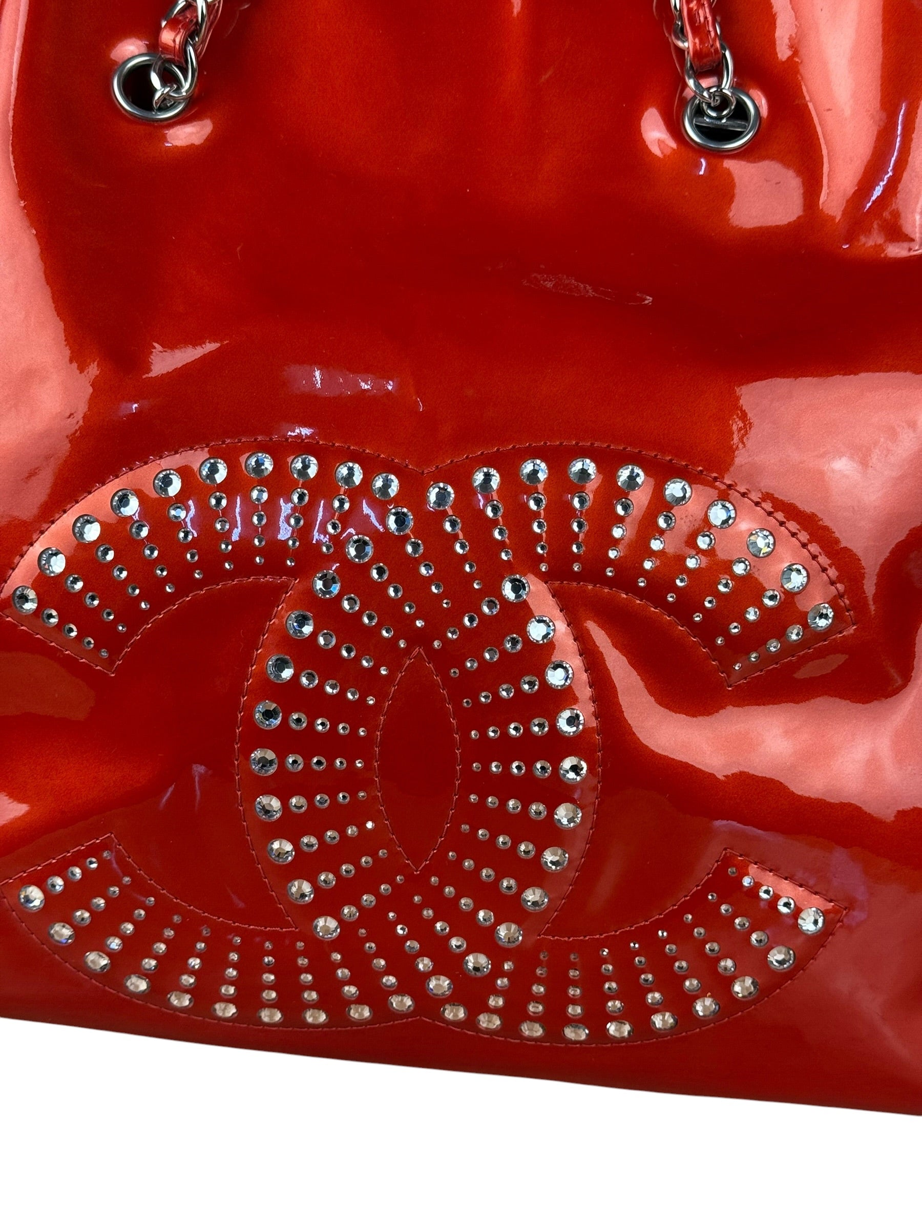 Chanel Red Patent CC Crystal Bon Bon Chain Tote