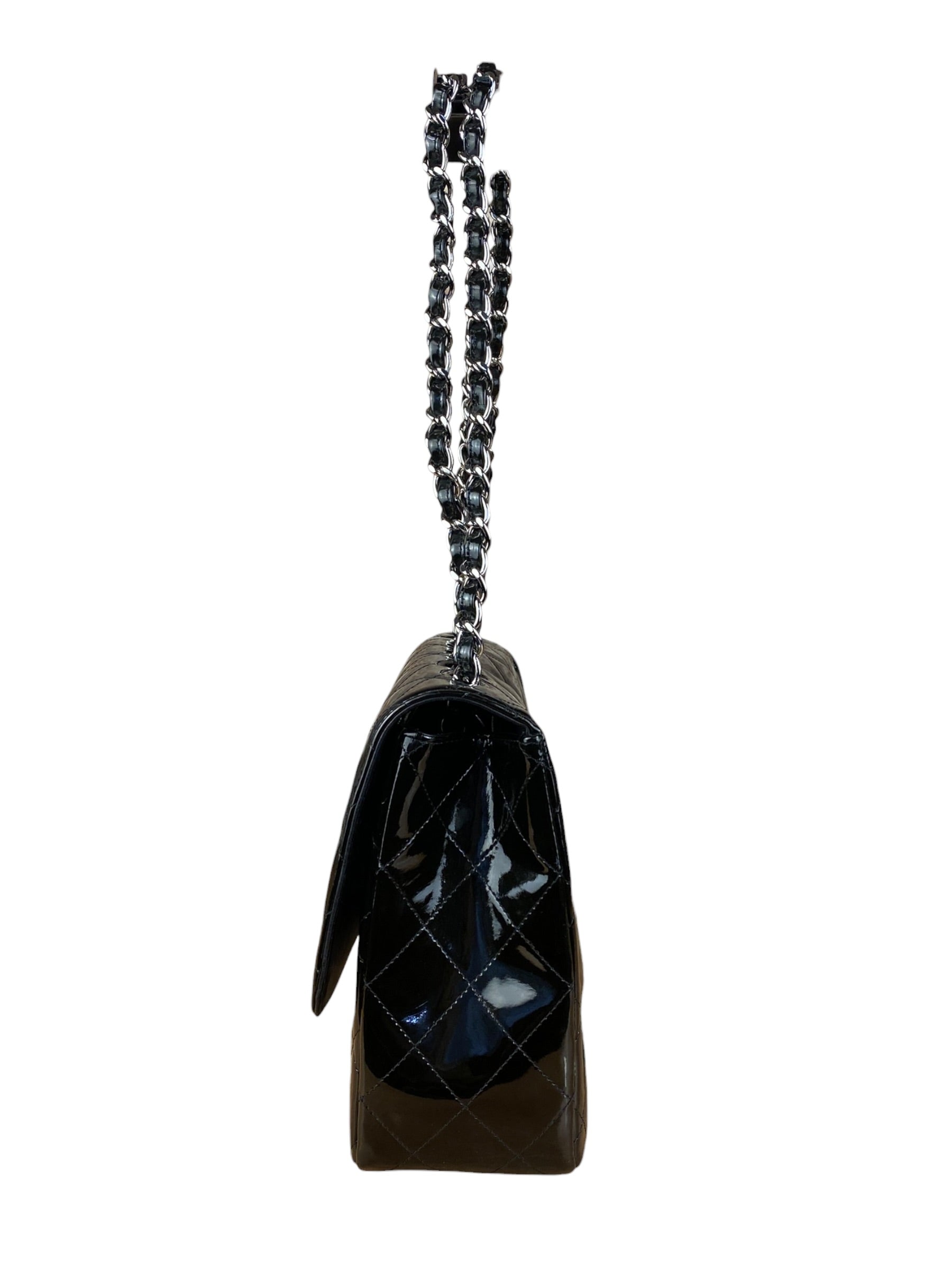 Chanel Black Patent Quilted Leather Classic Flap Bag 2009
