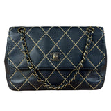 Chanel Vintage Navy Blue Leather Wild Stitch Surpique Flap Bag 2001