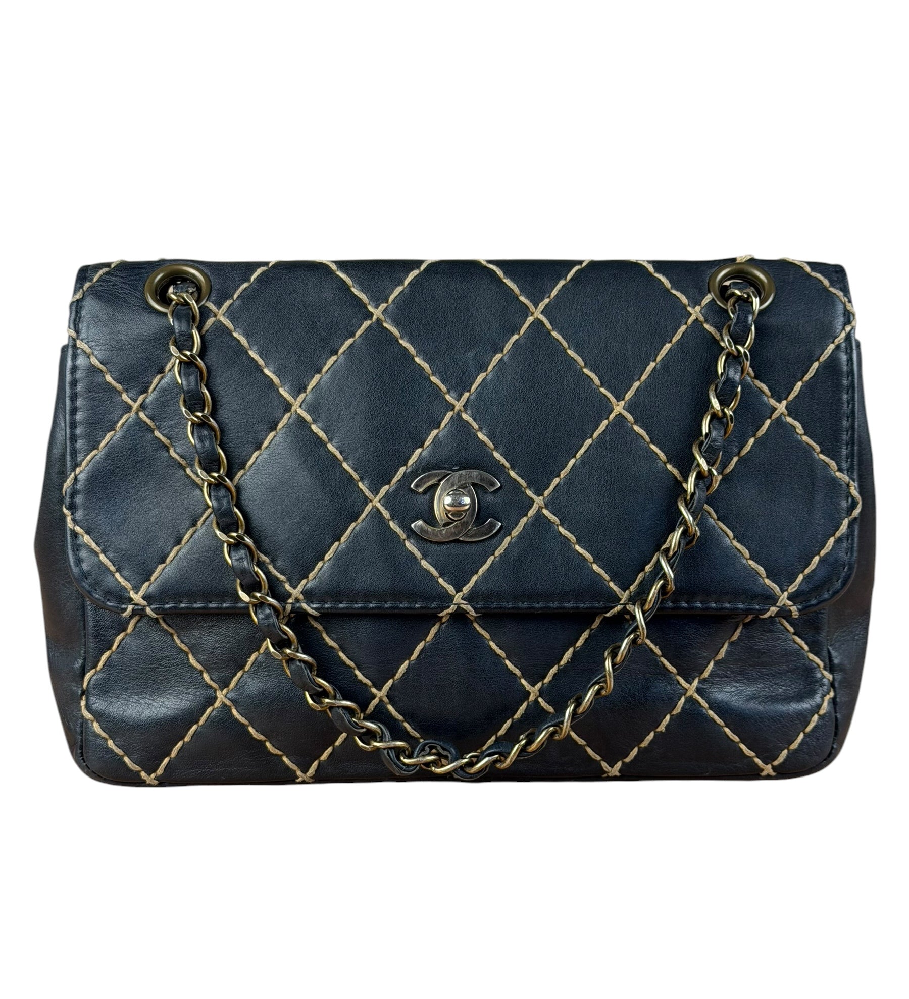 Chanel Vintage Navy Blue Leather Wild Stitch Surpique Flap Bag 2001