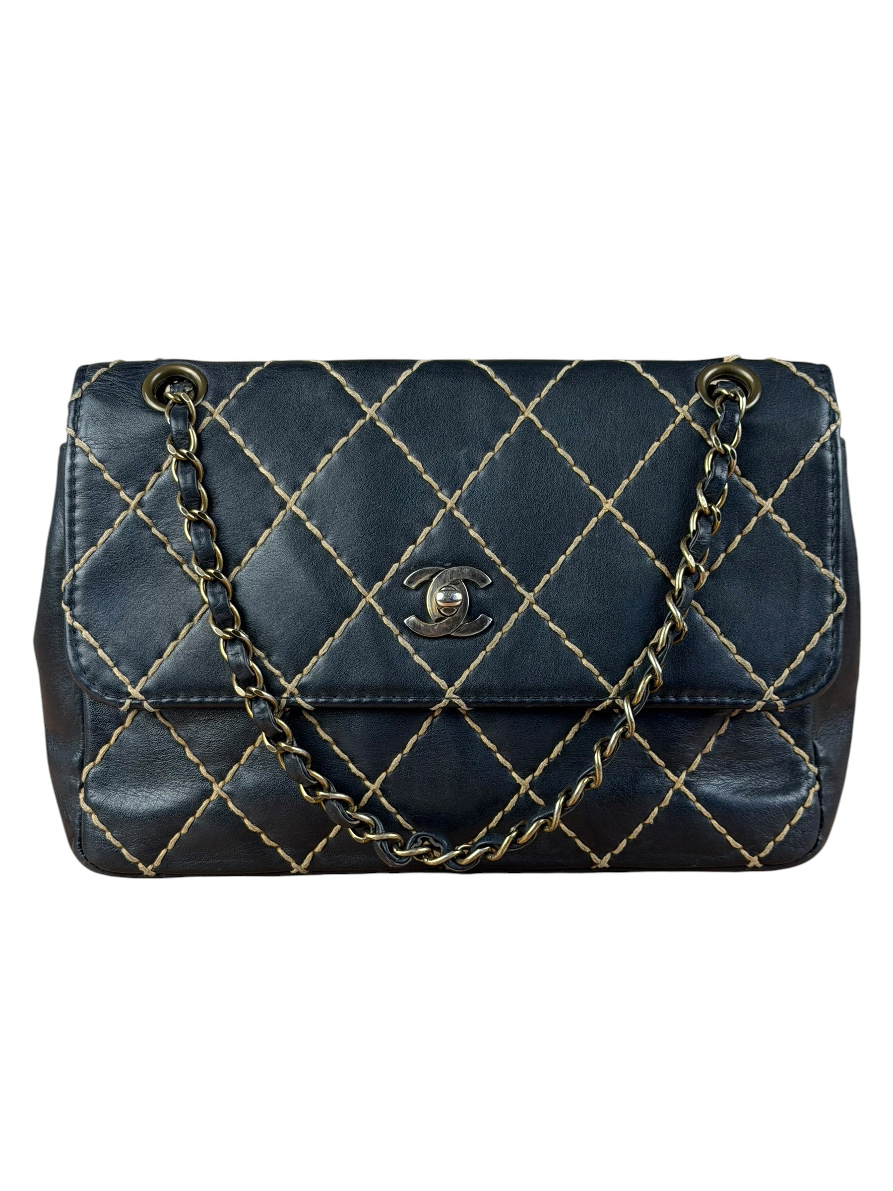Chanel Vintage Navy Blue Leather Wild Stitch Surpique Flap Bag 2001