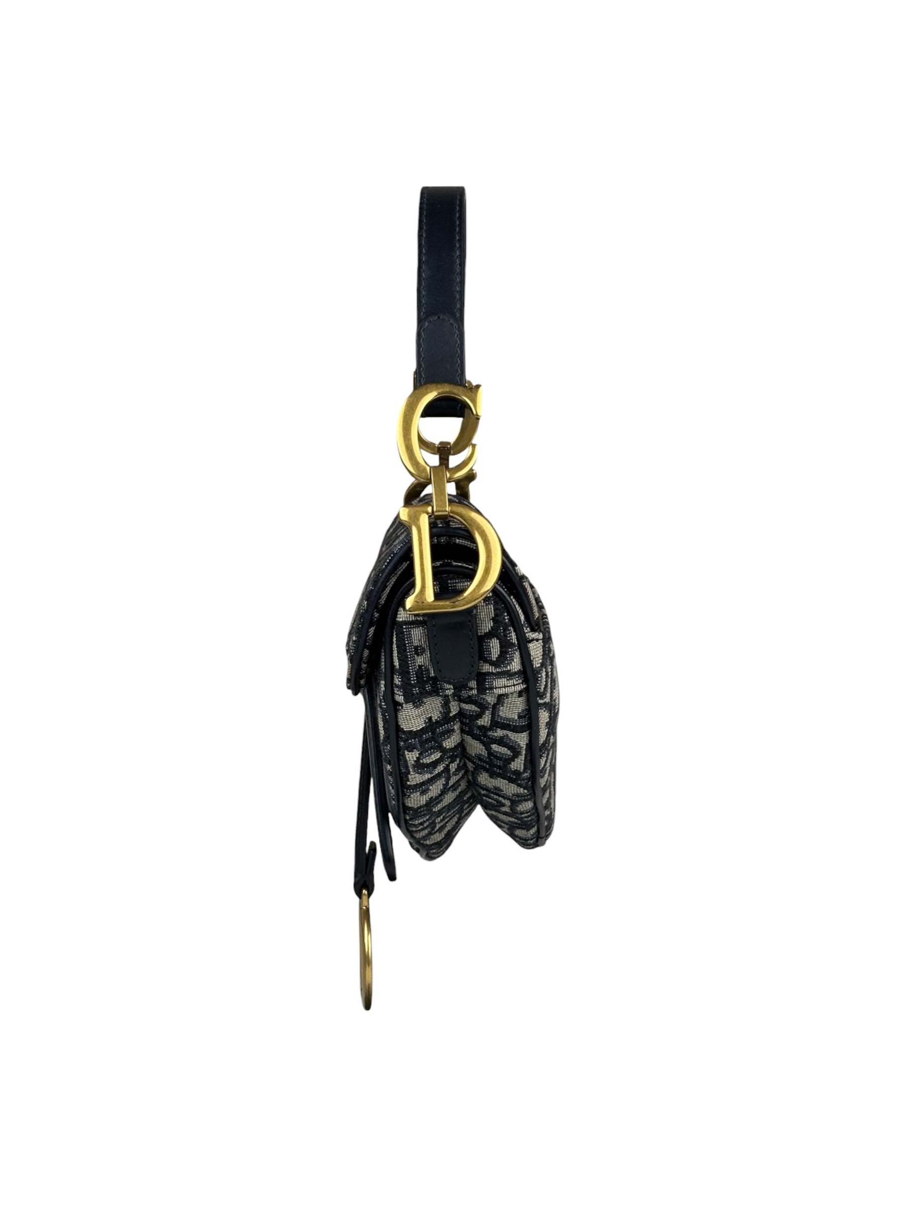Christian Dior Navy Leather Trim Oblique Saddle Handbag