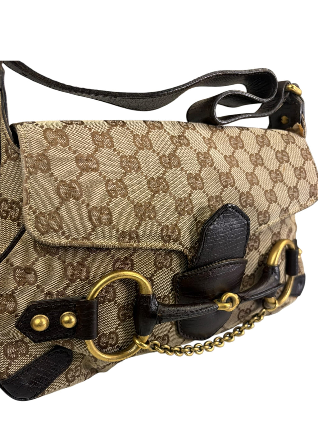 Gucci Brown Leather Trim GG Horsebit Chain Shoulder Bag