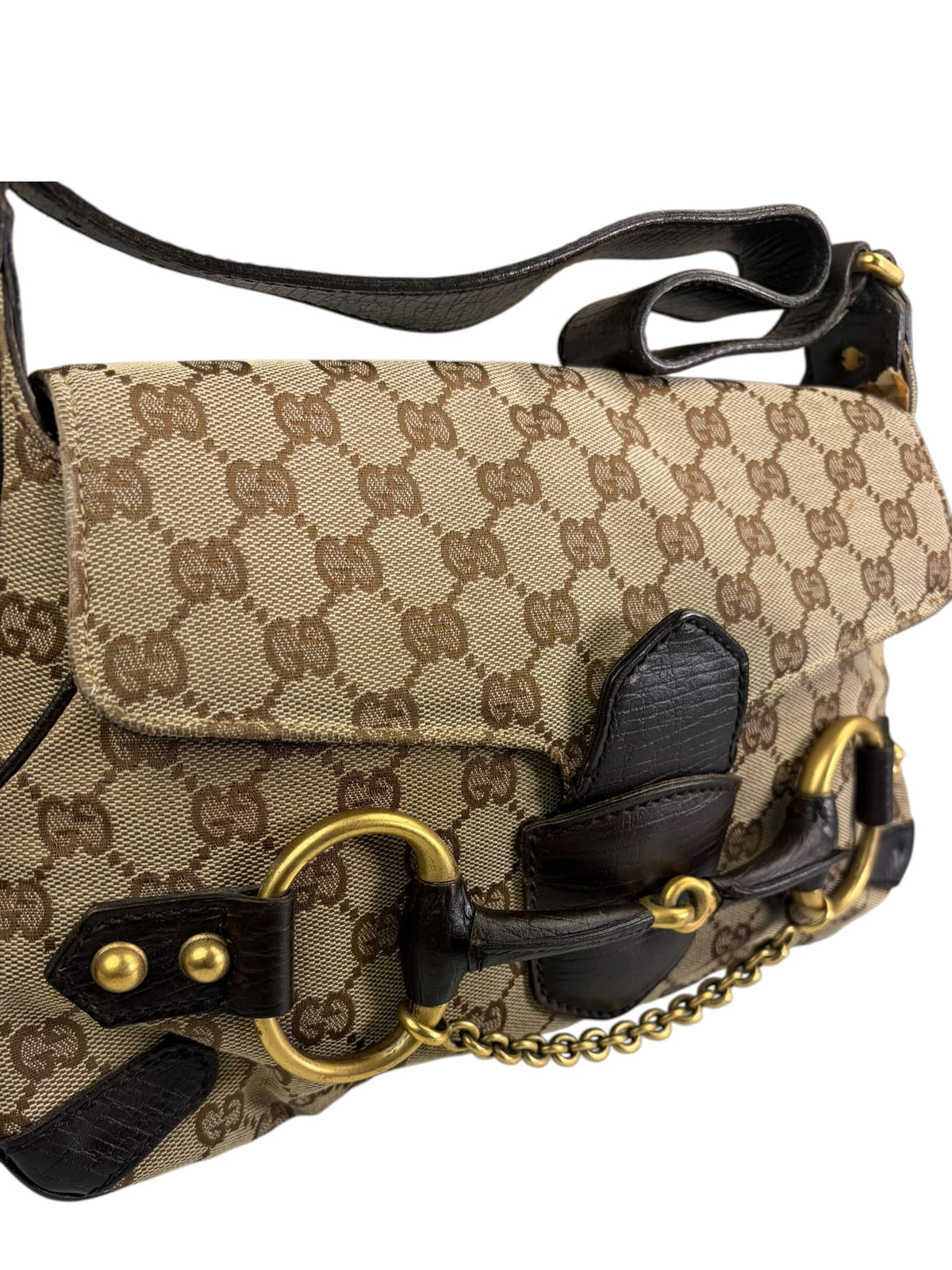 Gucci Brown Leather Trim GG Horsebit Chain Shoulder Bag