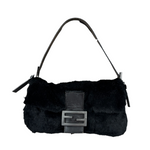Fendi Black Leather Trim Plush Rabbit Fur Baguette
