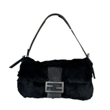 Fendi Black Leather Trim Plush Rabbit Fur Baguette