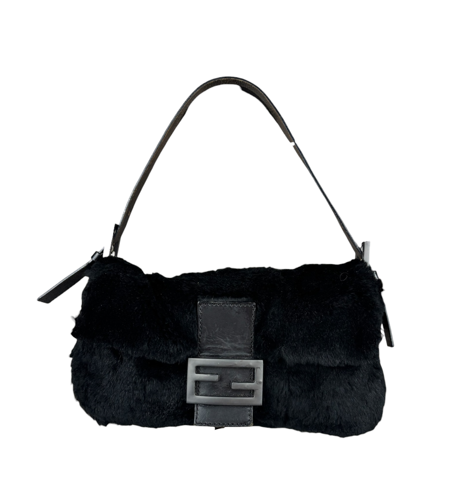 Fendi Black Leather Trim Plush Rabbit Fur Baguette