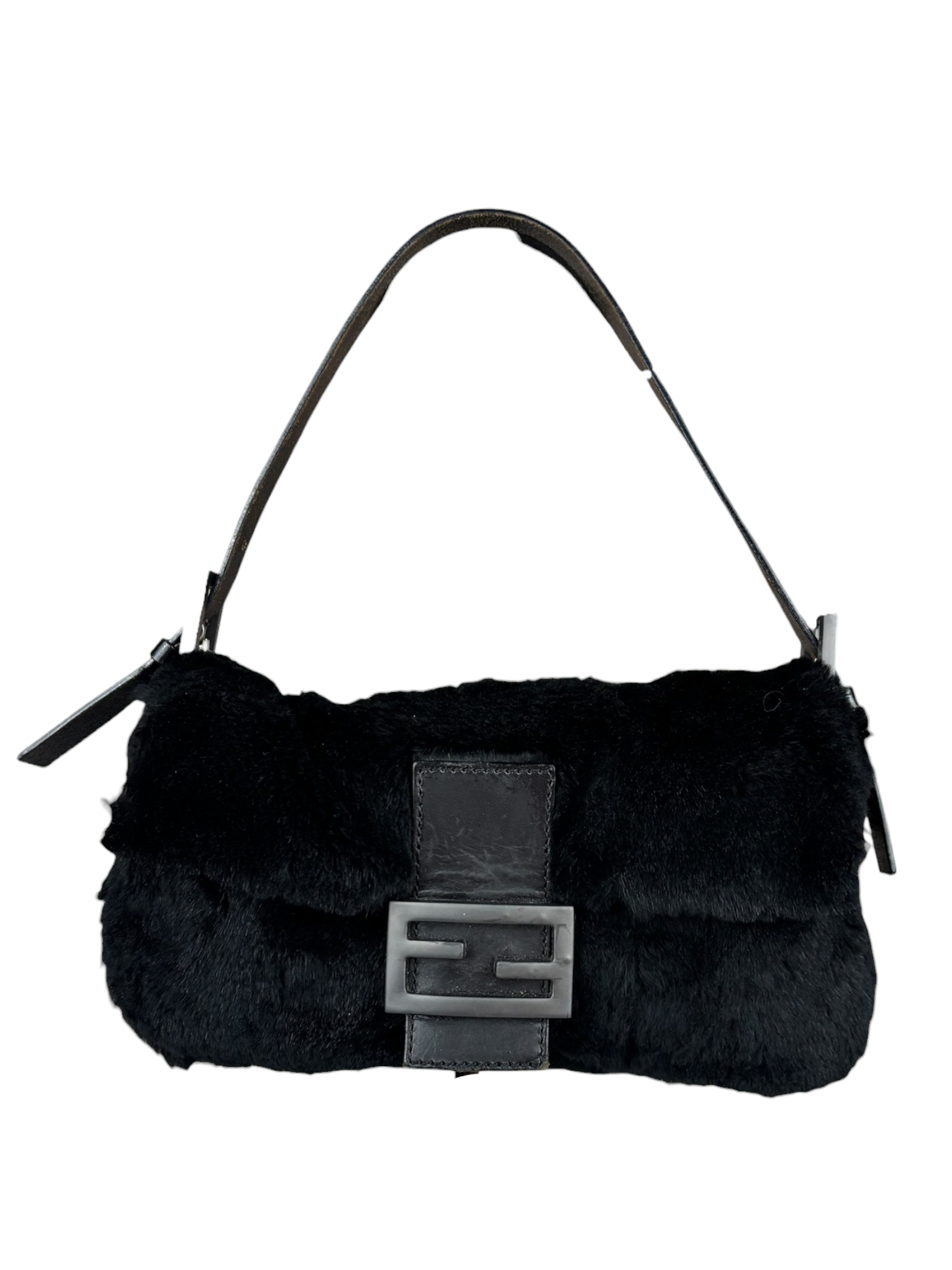 Fendi Black Leather Trim Plush Rabbit Fur Baguette