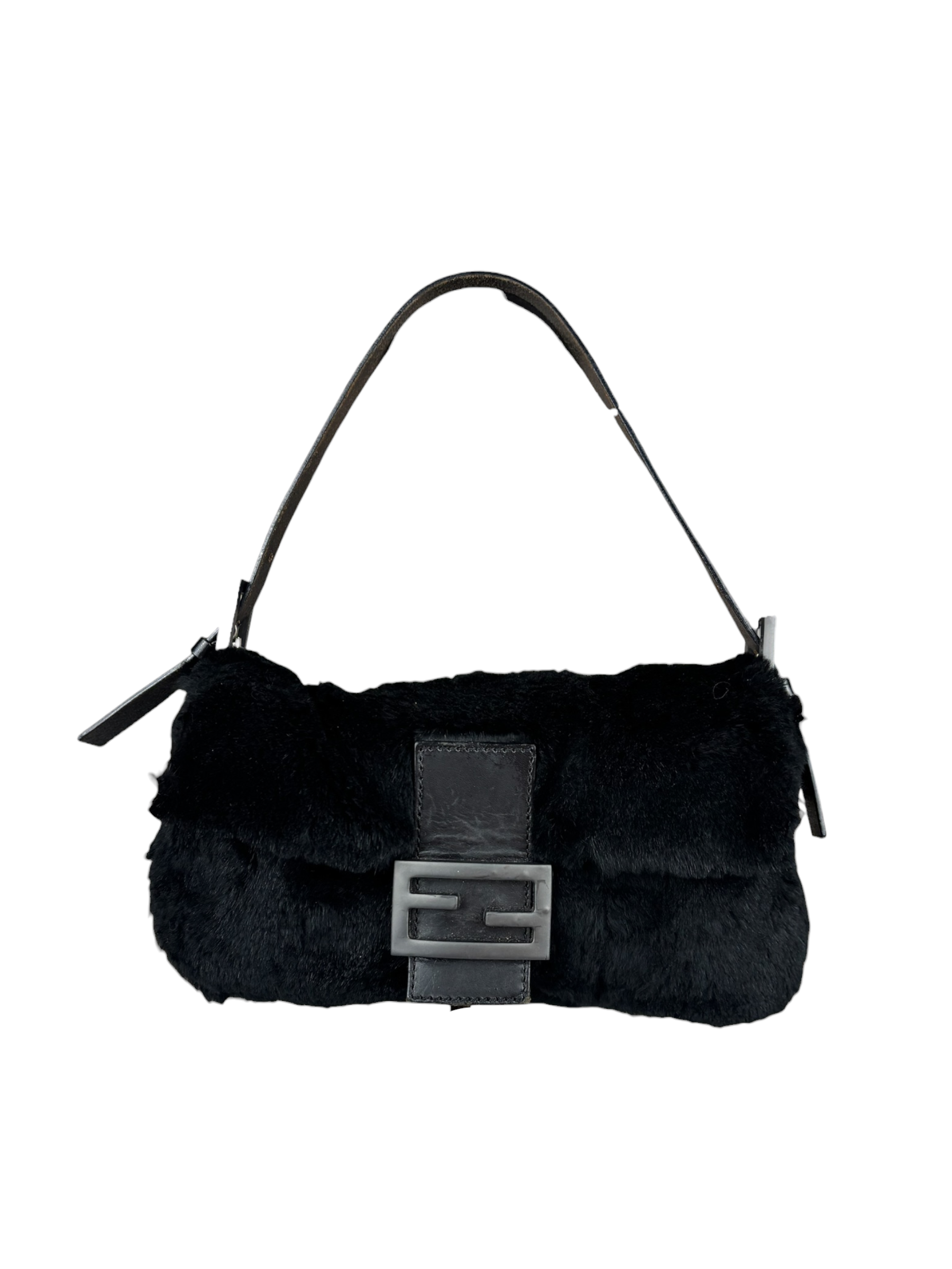 Fendi Black Leather Trim Plush Rabbit Fur Baguette