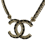 Chanel 22S Gold Metal/Black Leather Pendant Necklace
