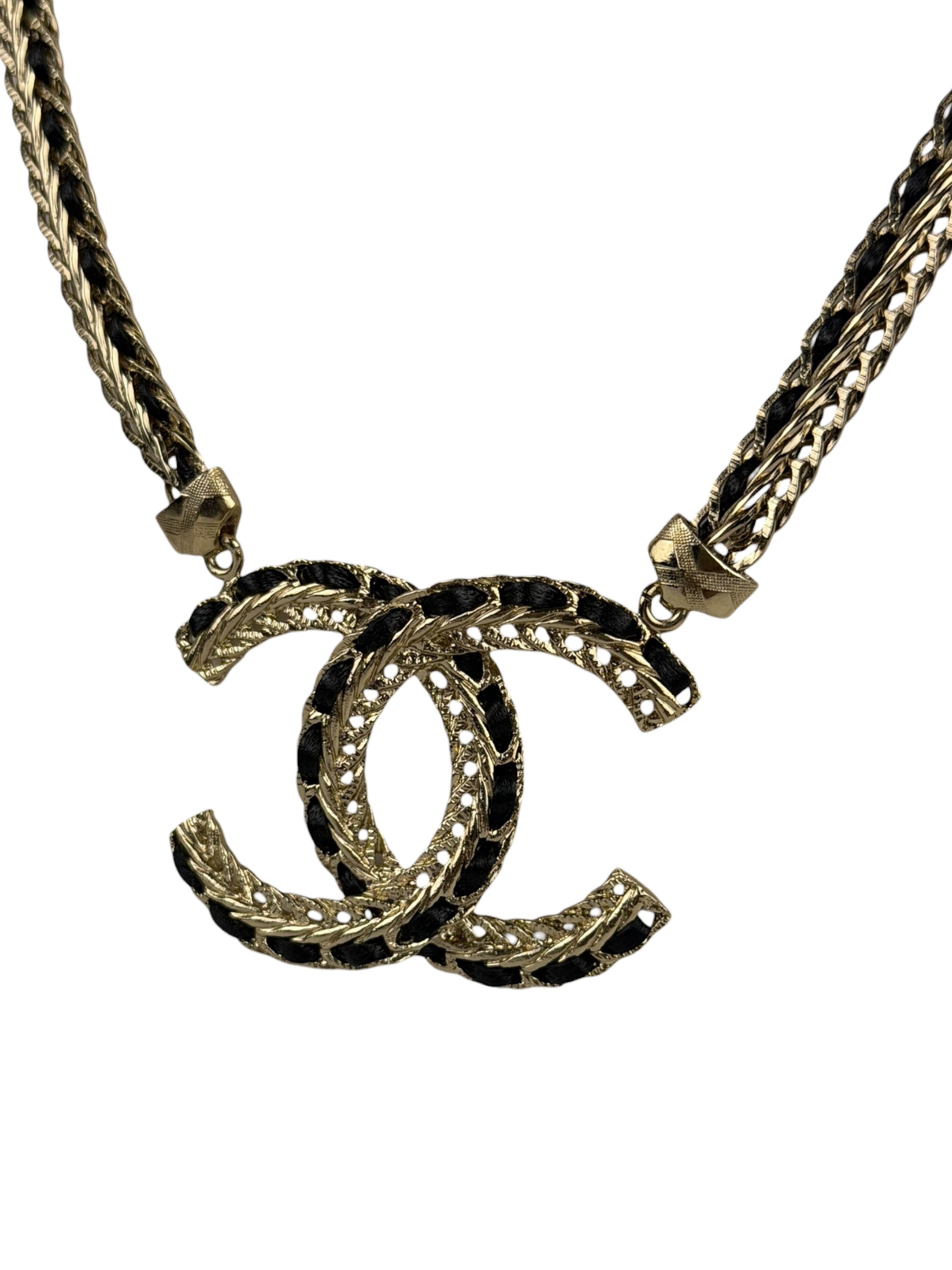 Chanel 22S Gold Metal/Black Leather Pendant Necklace