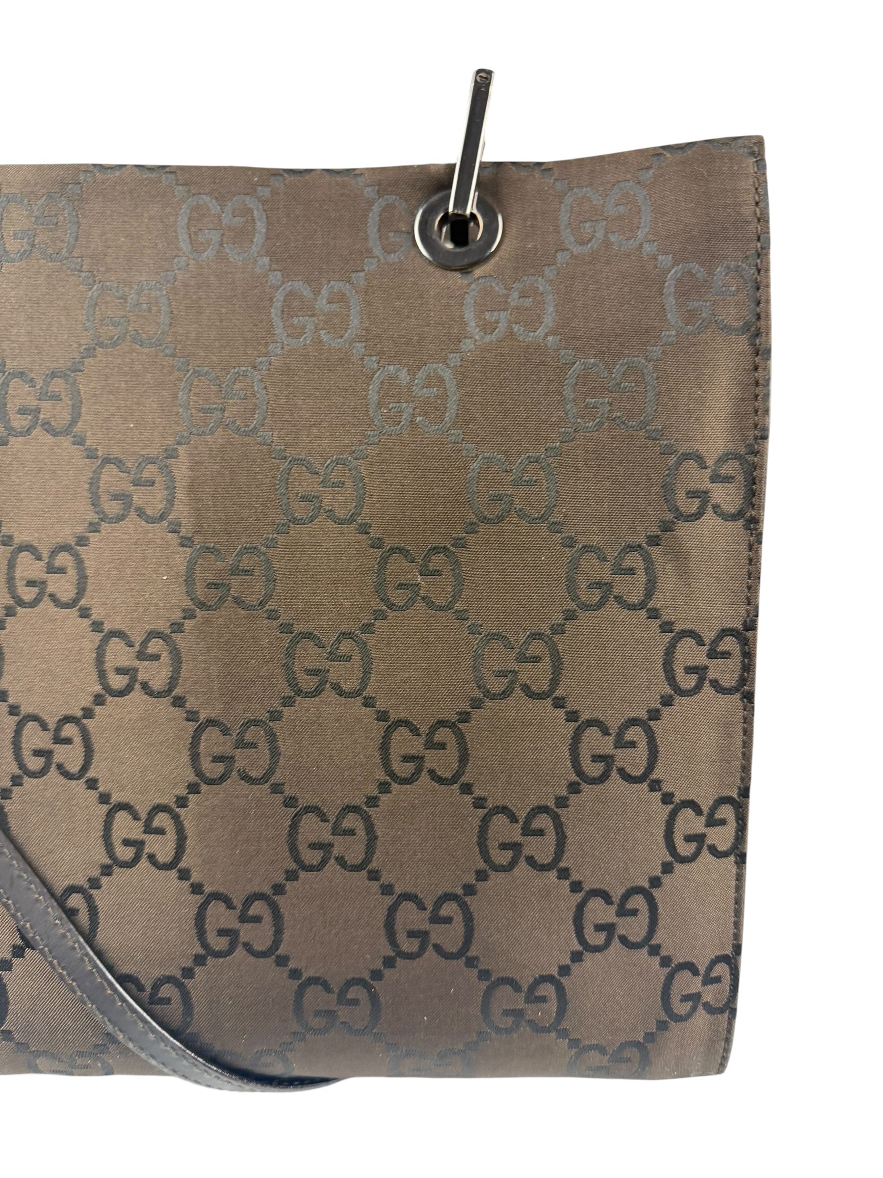 Gucci Brown Nylon Leather Trim Canvas Monogram Bamboo Two-Way Bag