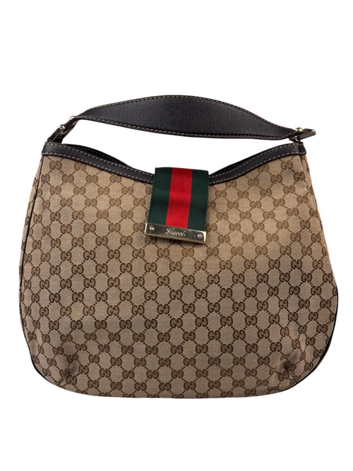 Gucci Beige/Brown Leather Trim Large Ladies Web Hobo Bag