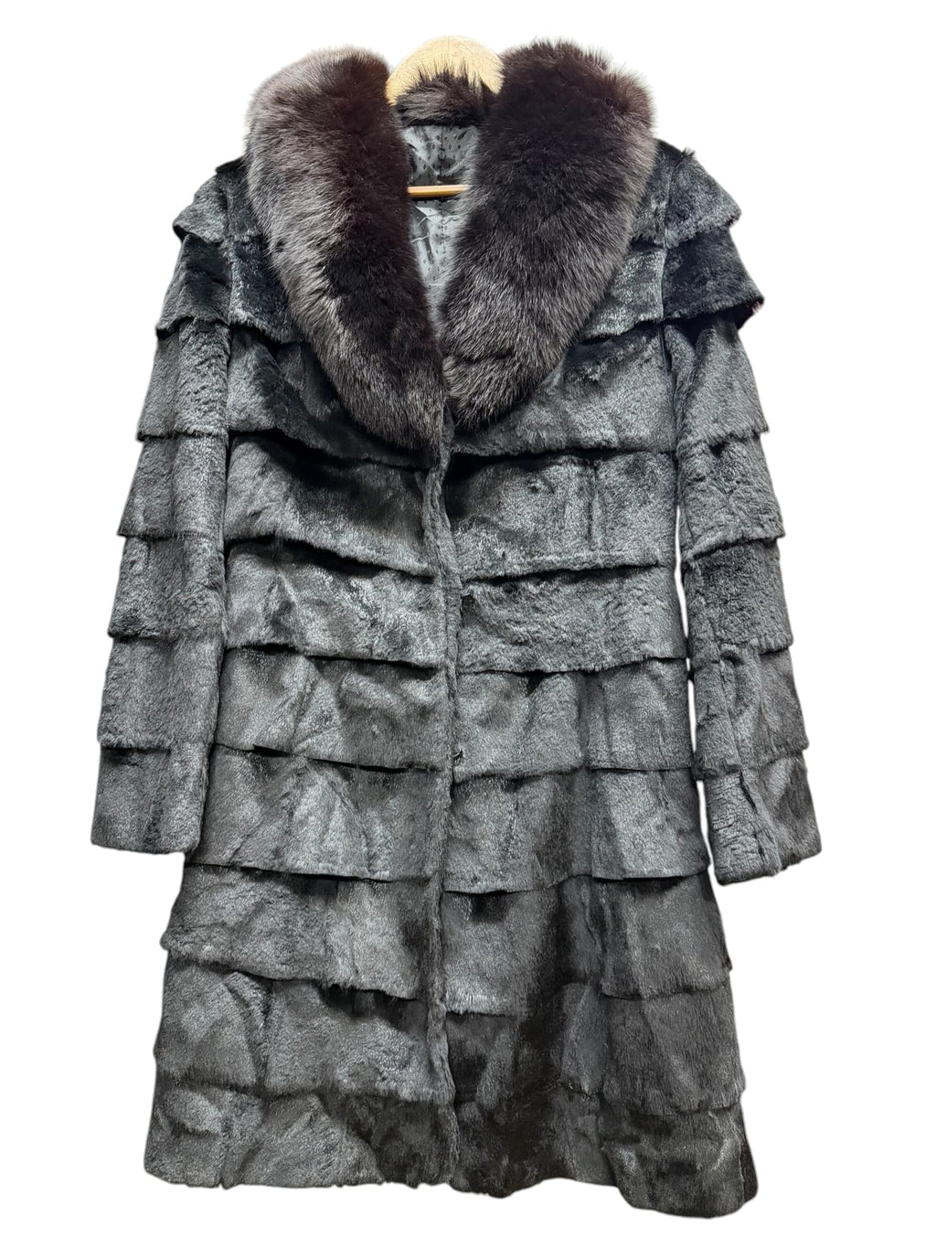 Vintage Black Horizontally-Tiered Beaver/Fox Fur Trim Mid-Length