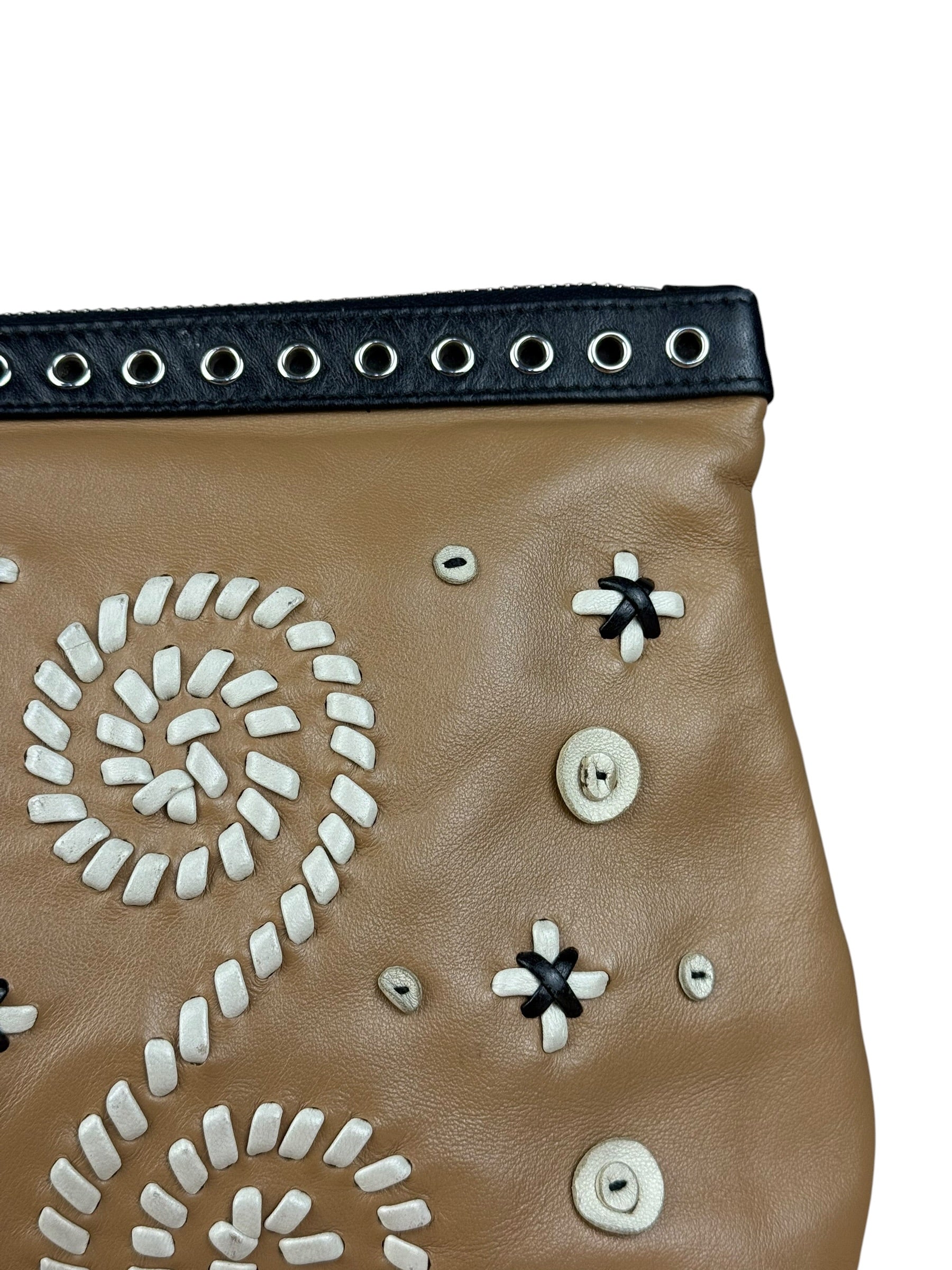 Prada Vintage Camel Leather Embroidery Clutch
