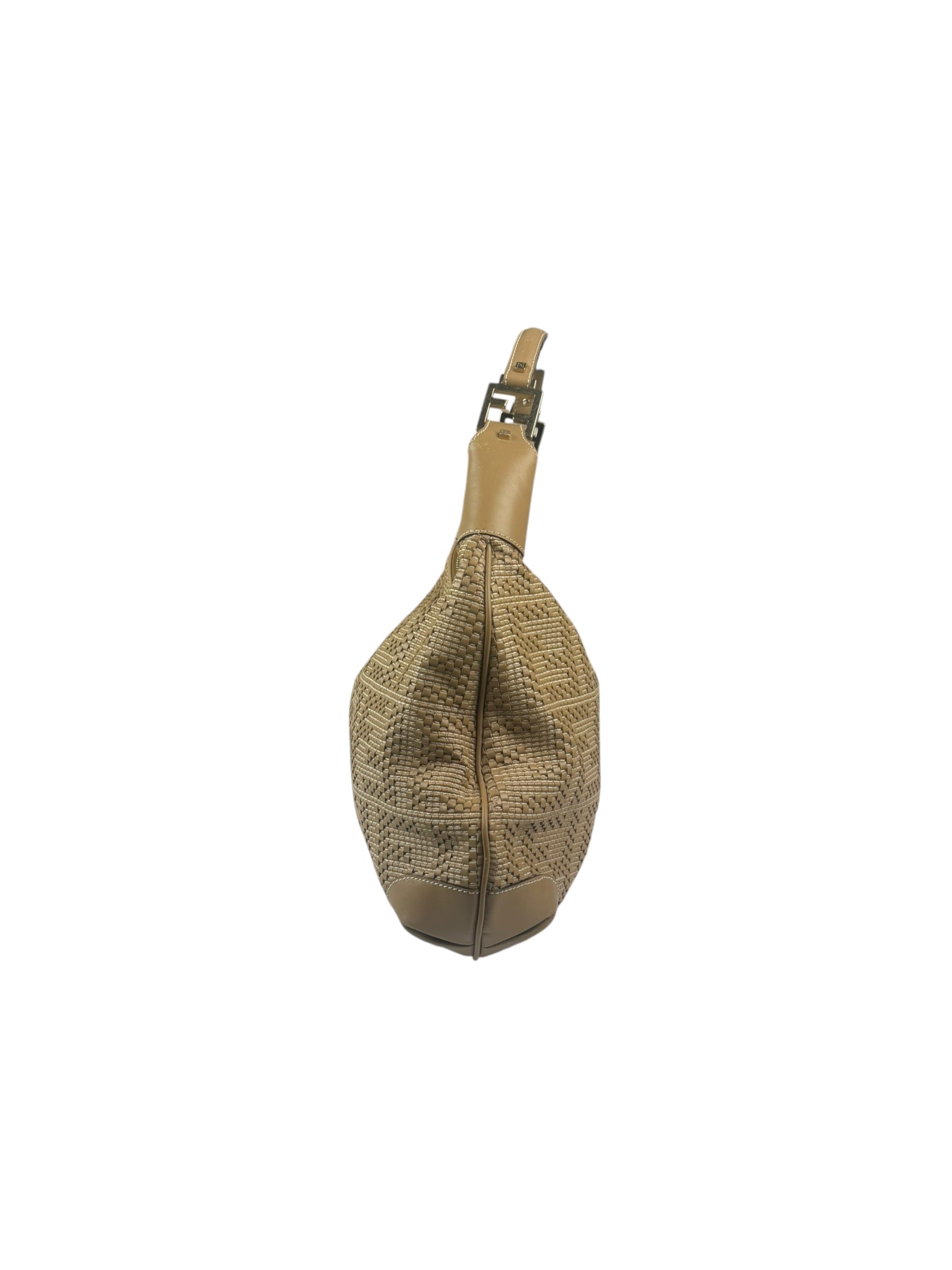 Fendi Beige Leather Trim Woven Hobo Bag