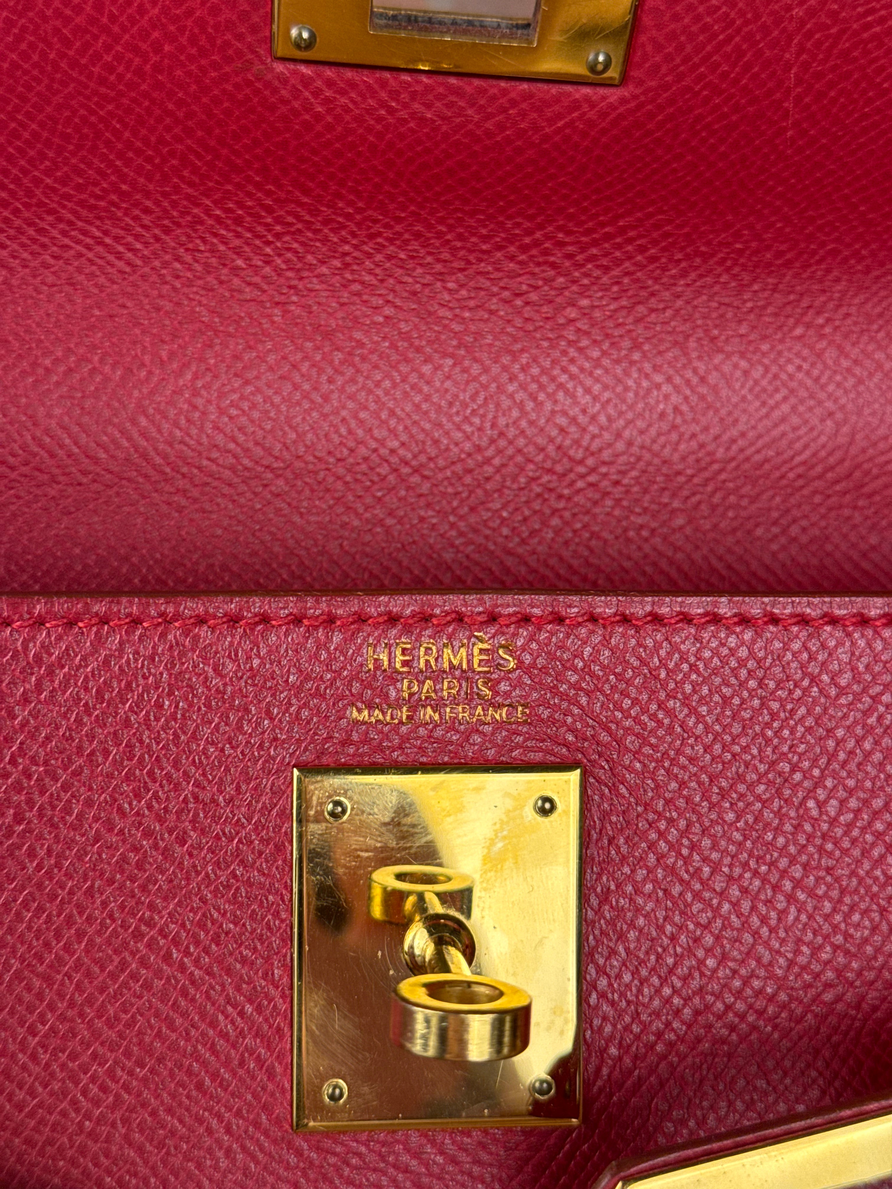Hermes Kelly 32 Courchevel Rouge Vif Gold Handbag 1997