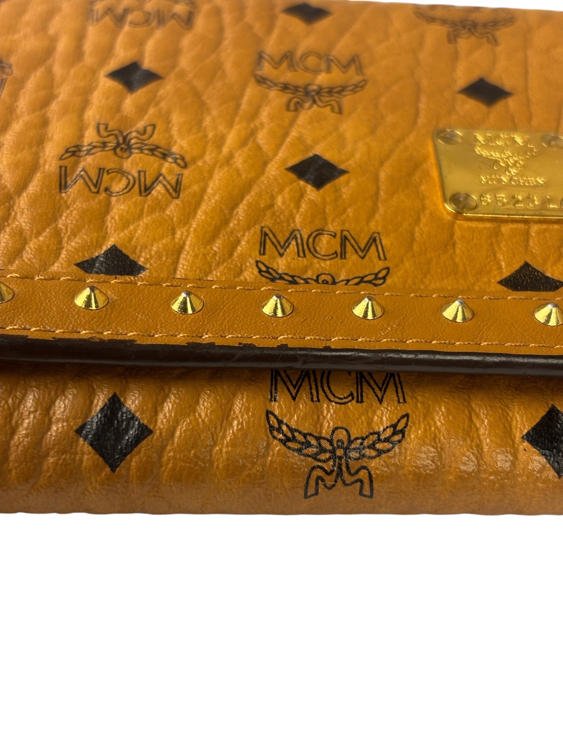 MCM Brown Leather Monogram Studded Long Wallet On Chain