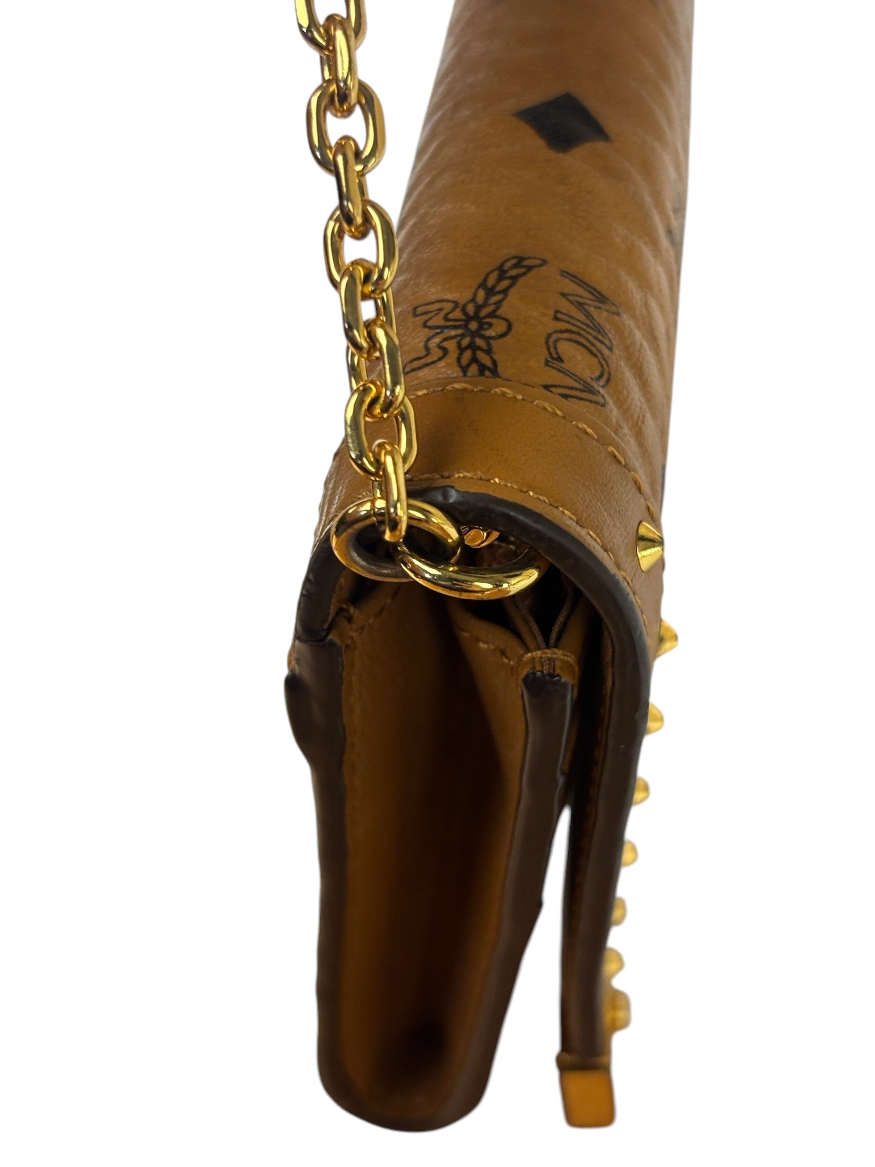 MCM Brown Leather Monogram Studded Long Wallet On Chain
