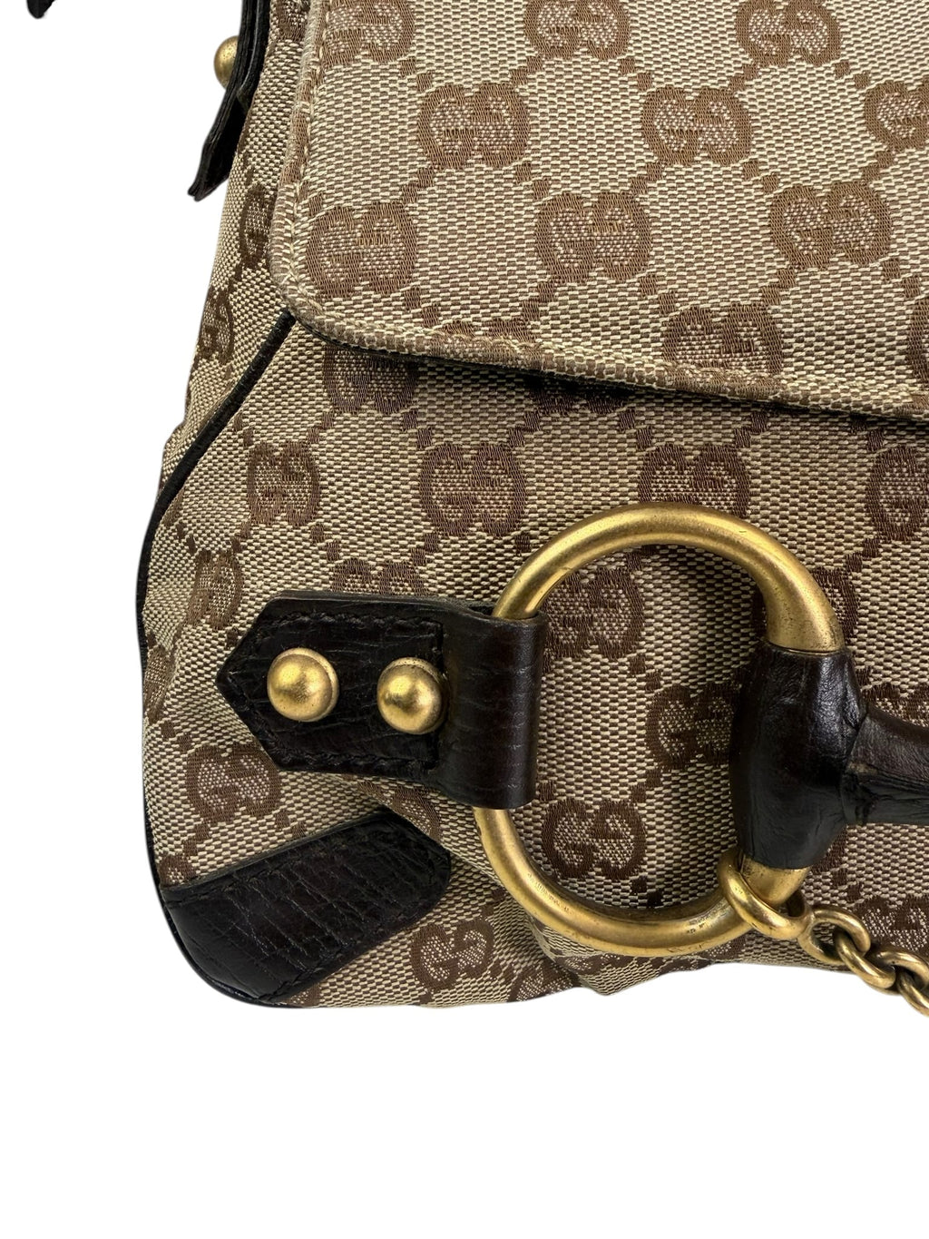 Gucci Brown Leather Trim GG Horsebit Chain Shoulder Bag