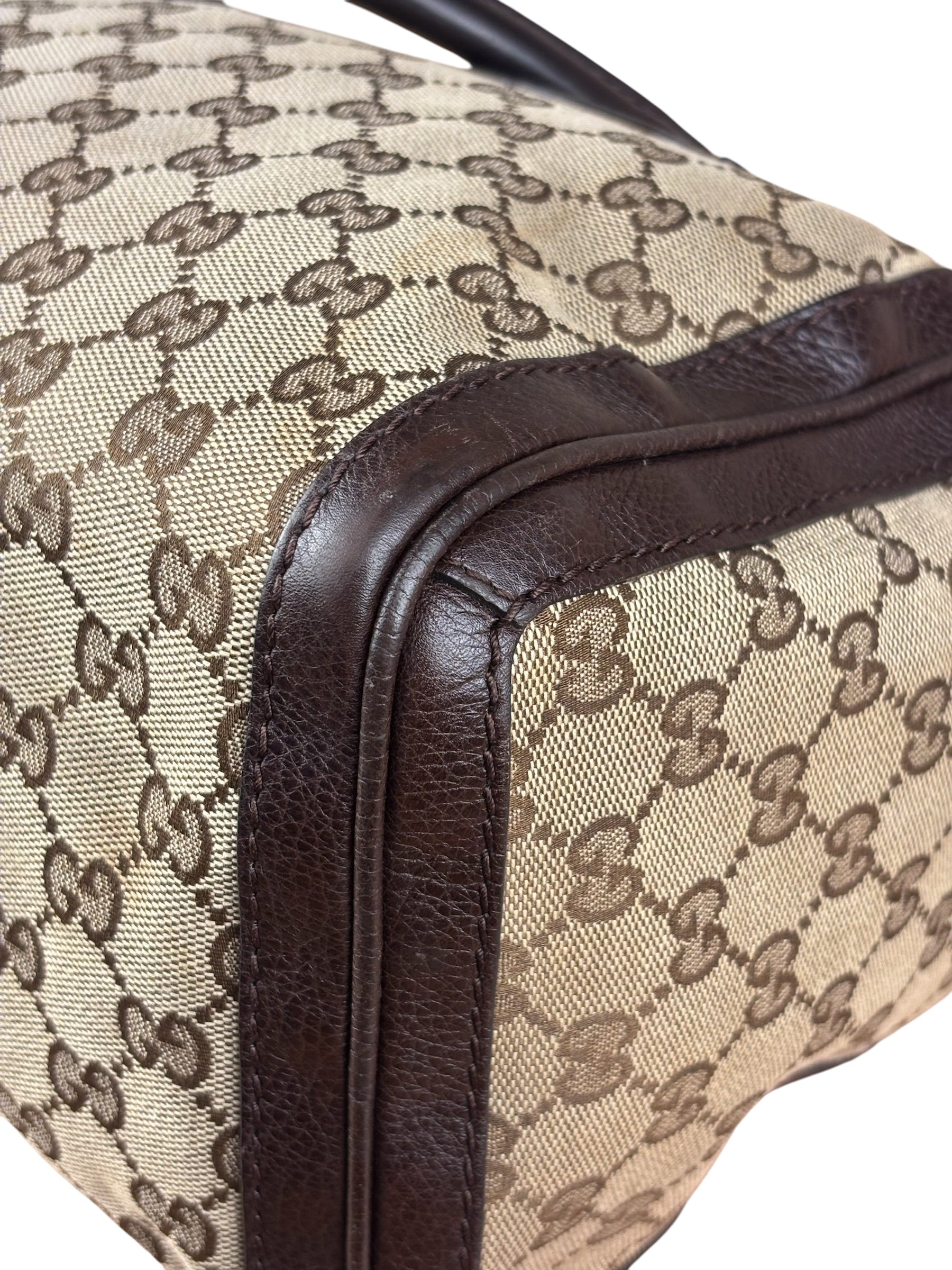 Gucci GG Leather Trim Canvas Techno Boston Handbag