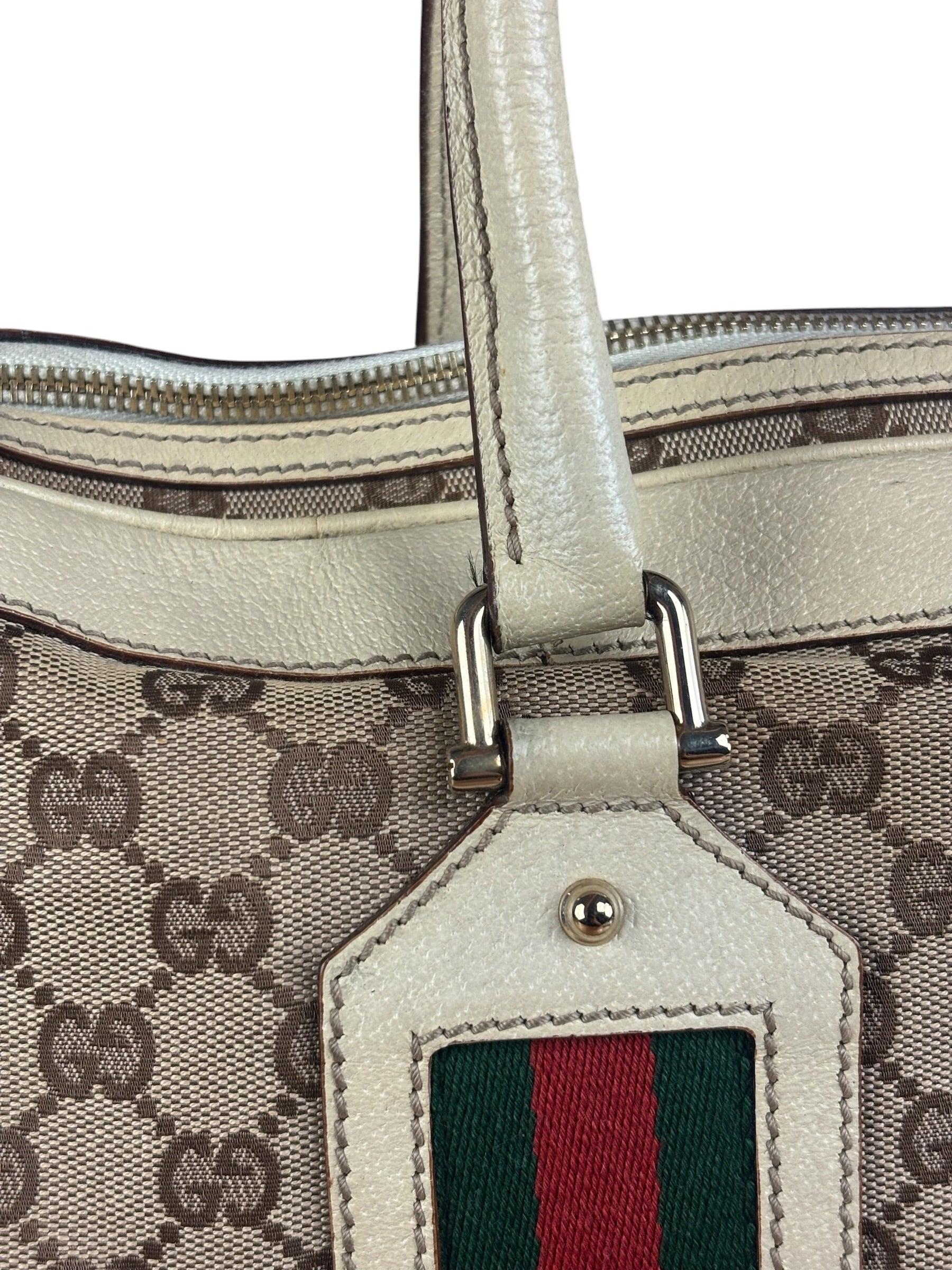 Gucci Leather Trim Monogram Canvas Web Stripe Tote Bag