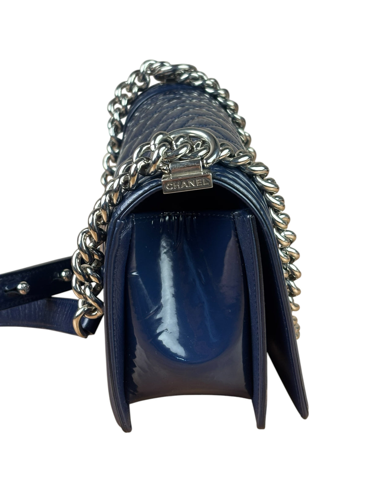 Chanel Navy Patent Quilted Leather Boy Flap Bag 2016