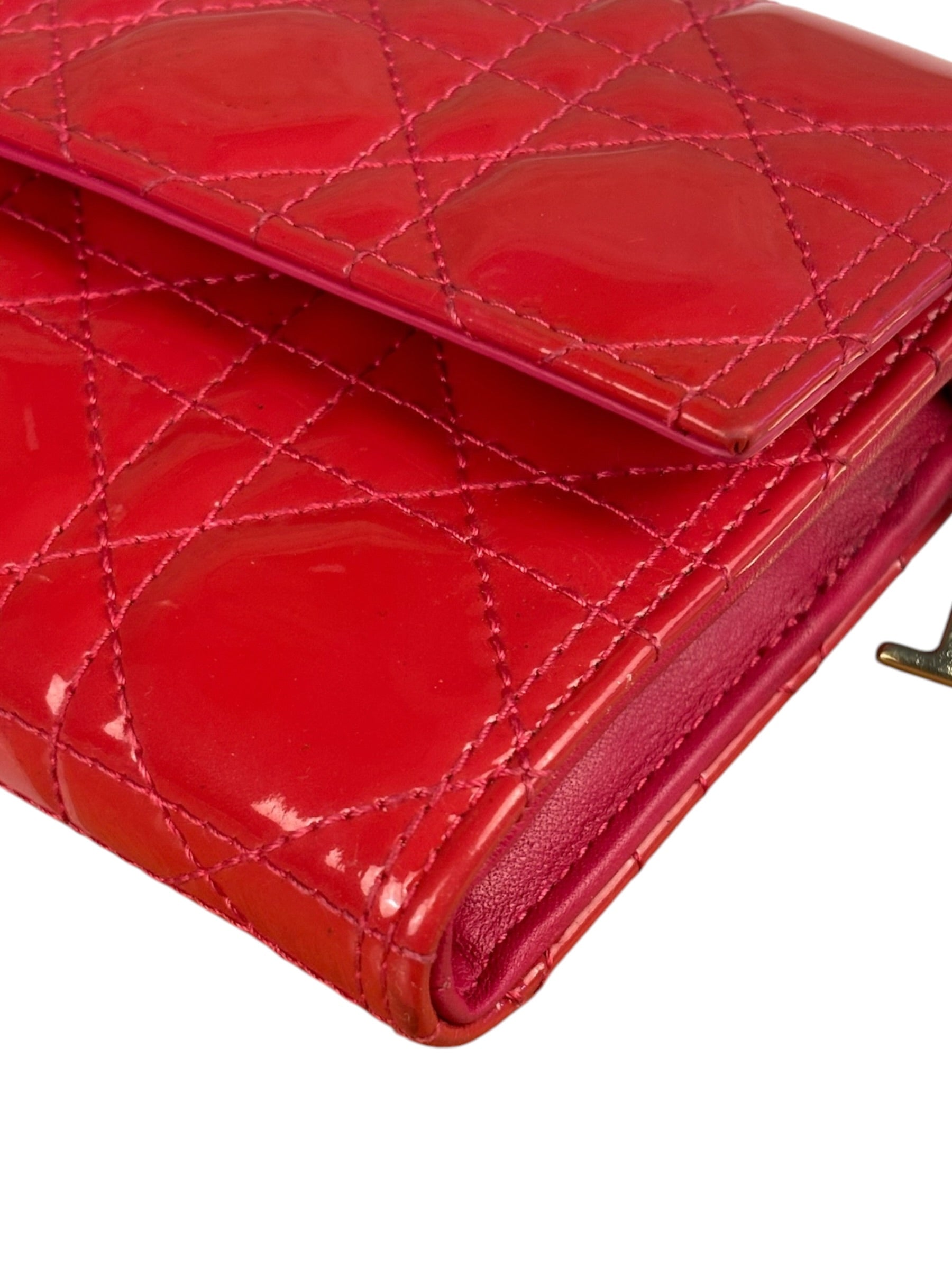Christian Dior Cannage Red Patent Leather Wallet On Chain