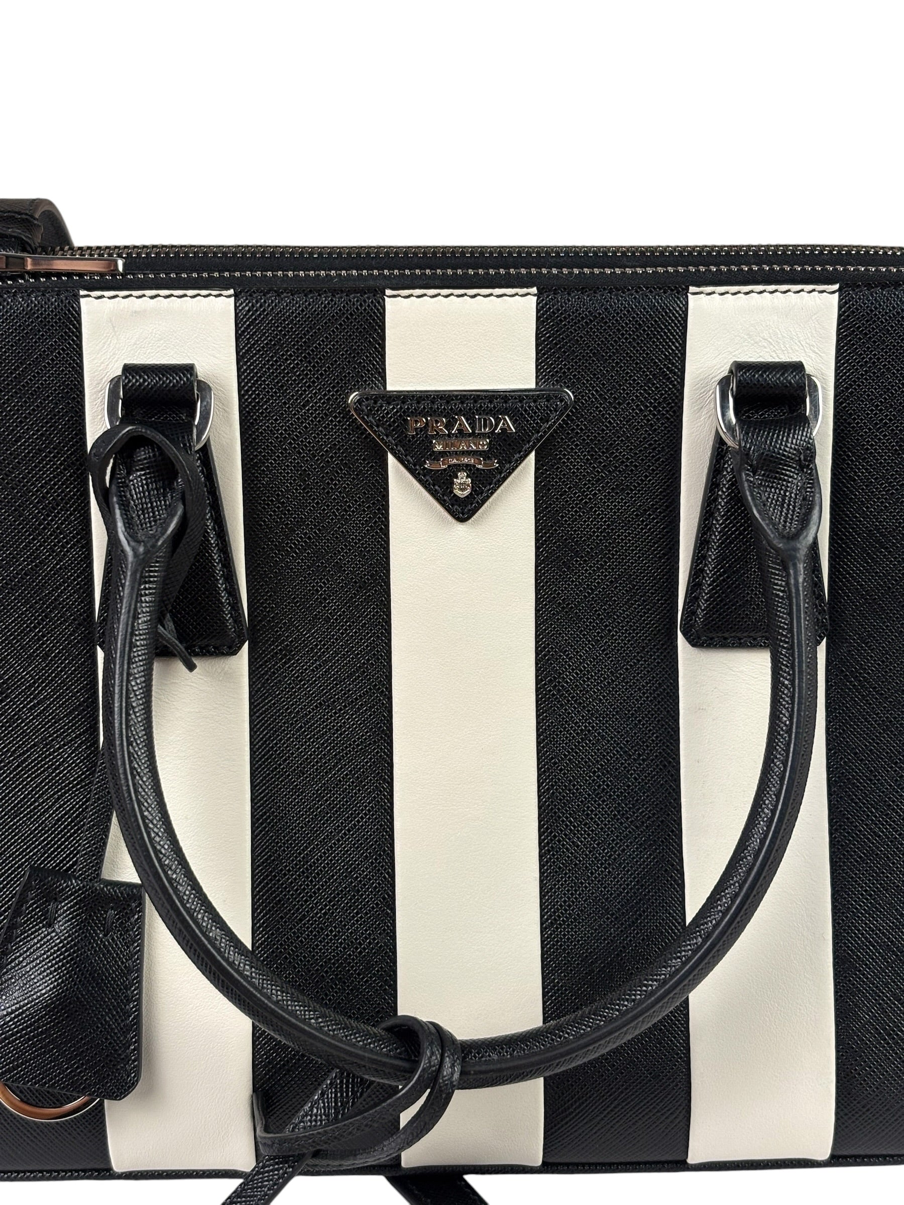Prada Black/White Saffiano Leather Striped Two-Way Bag