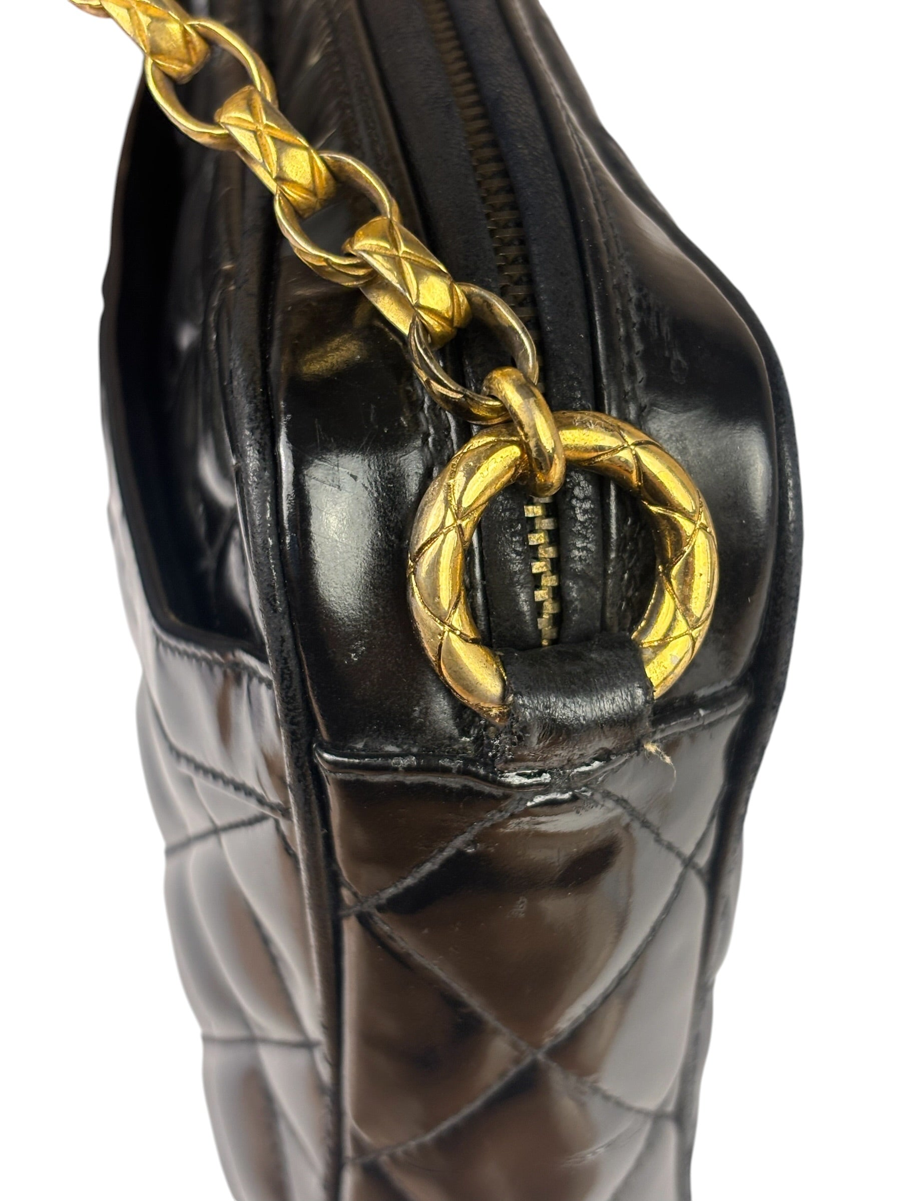 Chanel Black Quilted Patent Leather Camera Bag 1989