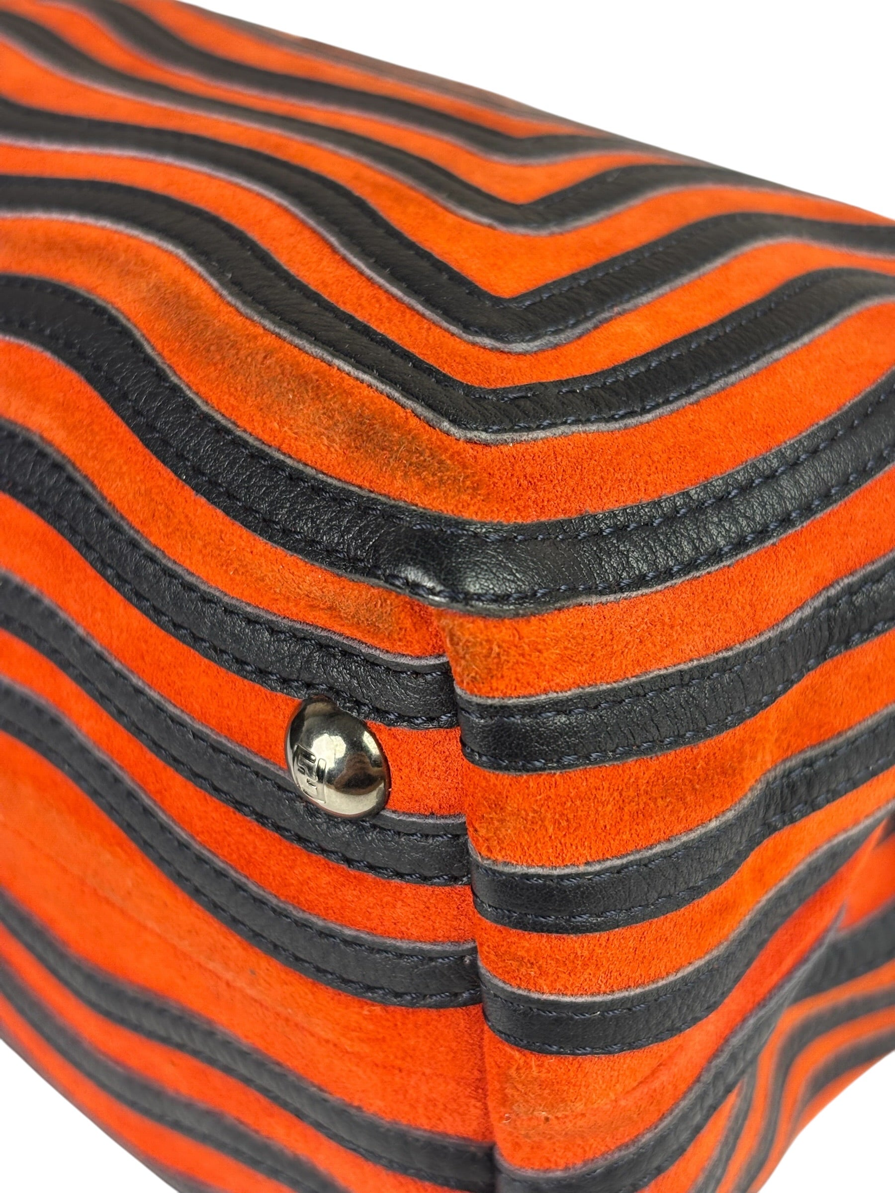 Fendi Navy/Red Leather Trim/Suede Dotcom Striped Two-Way Bag