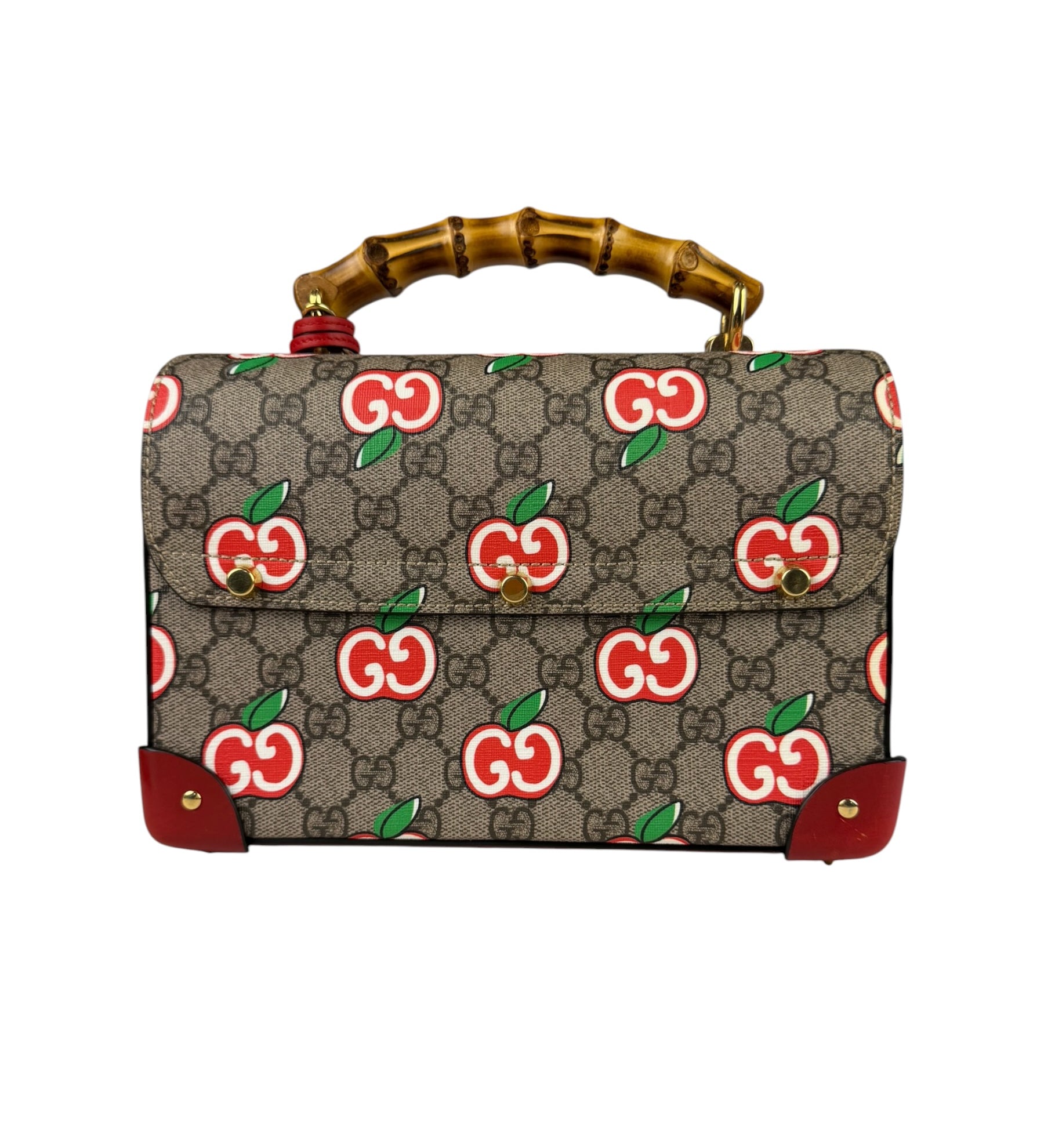 Gucci Red/Beige Leather GG Apple Print Padlock Bamboo Handbag