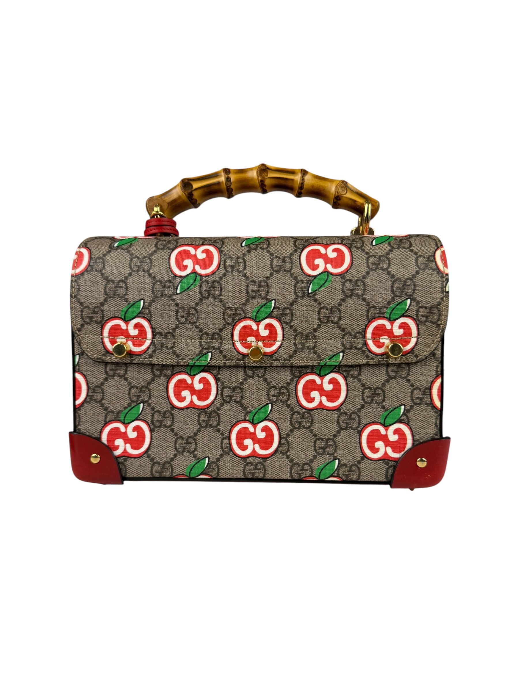Gucci Red/Beige Leather GG Apple Print Padlock Bamboo Handbag