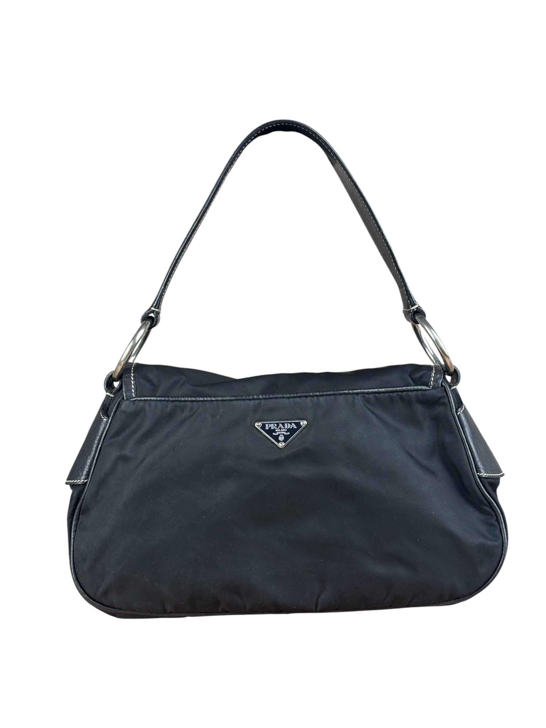 Damaged Prada Vintage Black Tessuto Nylon Leather Trim Saddle Flap Shoulder Bag