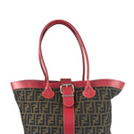 Fendi Beige/Red Leather Trim Zucca Buckle Tote