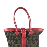 Fendi Beige/Red Leather Trim Zucca Buckle Tote