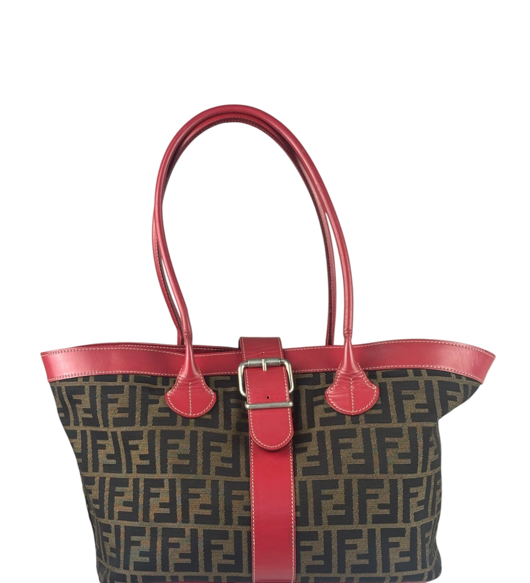 Fendi Beige/Red Leather Trim Zucca Buckle Tote