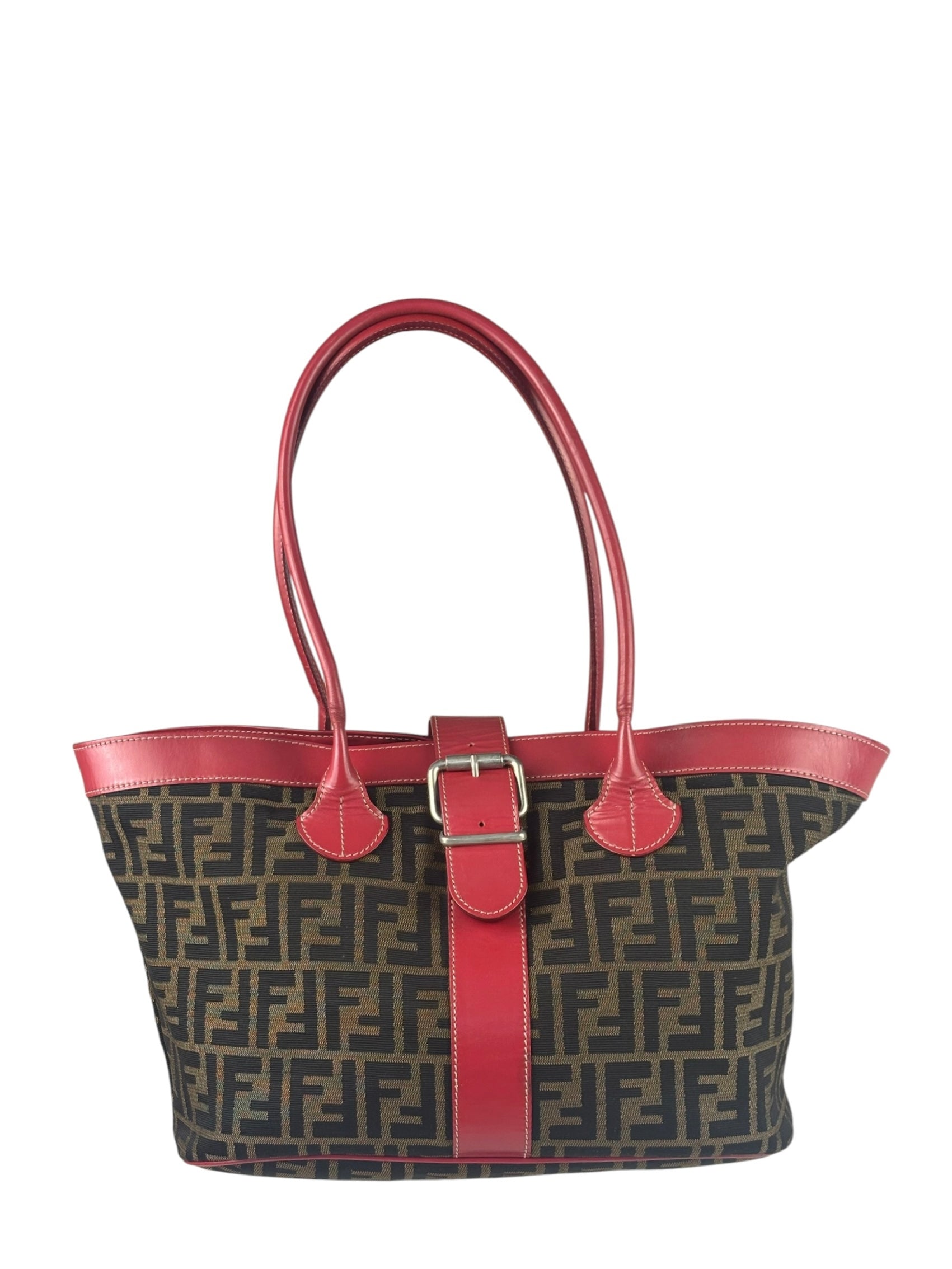 Fendi Beige/Red Leather Trim Zucca Buckle Tote