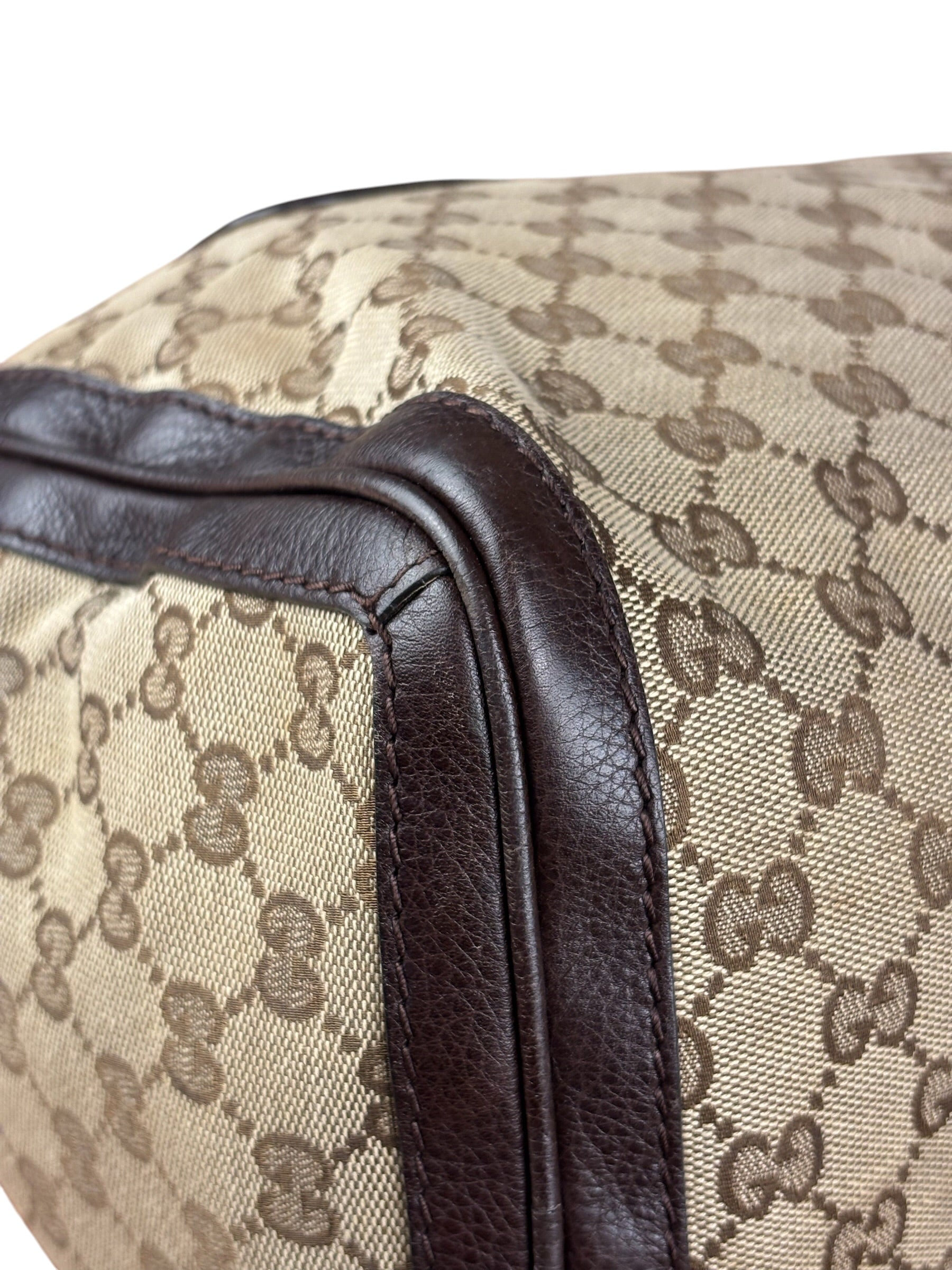 Gucci GG Leather Trim Canvas Techno Boston Handbag