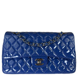 Chanel Shiny Blue Quilted Patent Leather Trim Double Flap Bag 2012