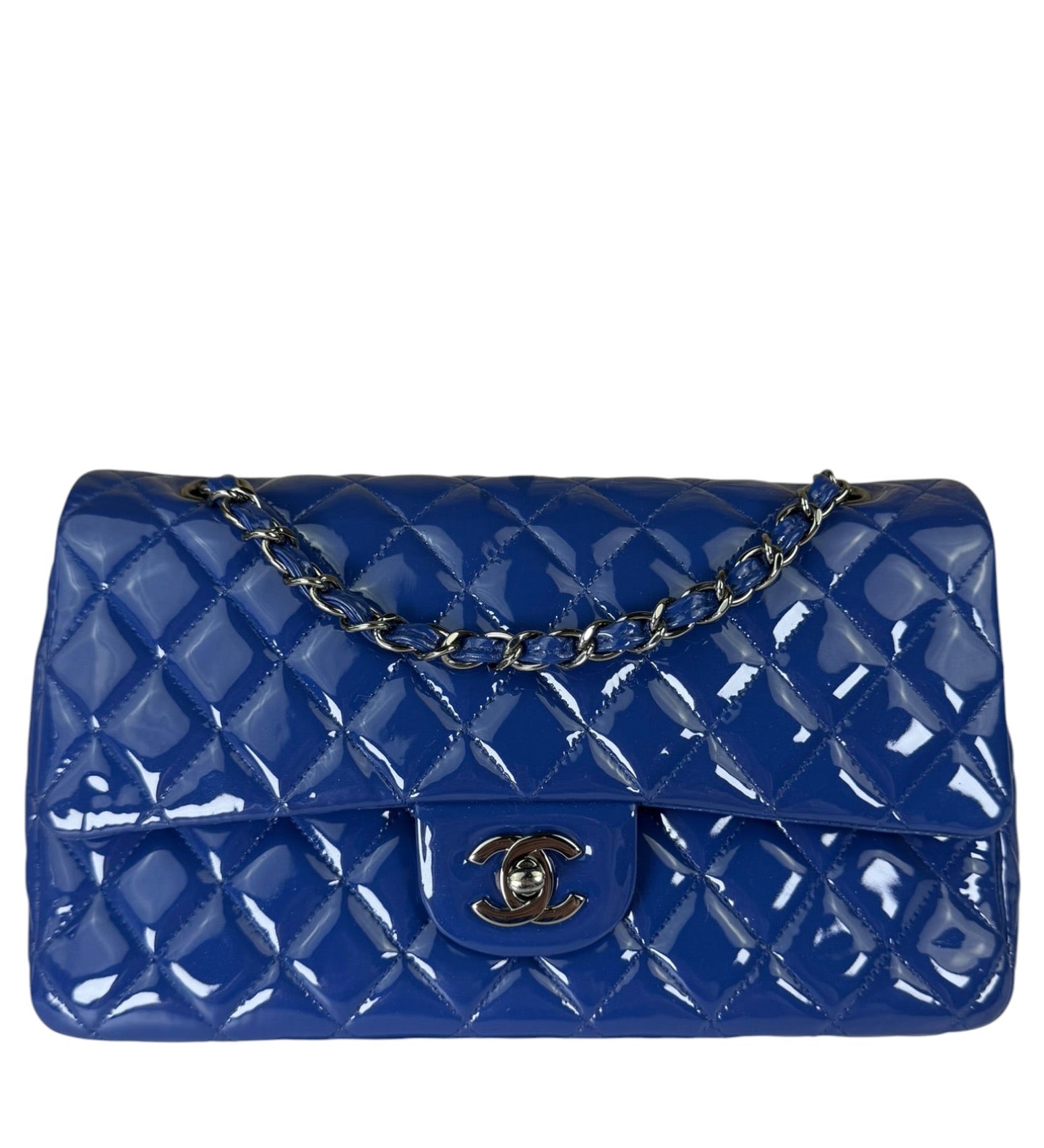 Chanel Shiny Blue Quilted Patent Leather Trim Double Flap Bag 2012