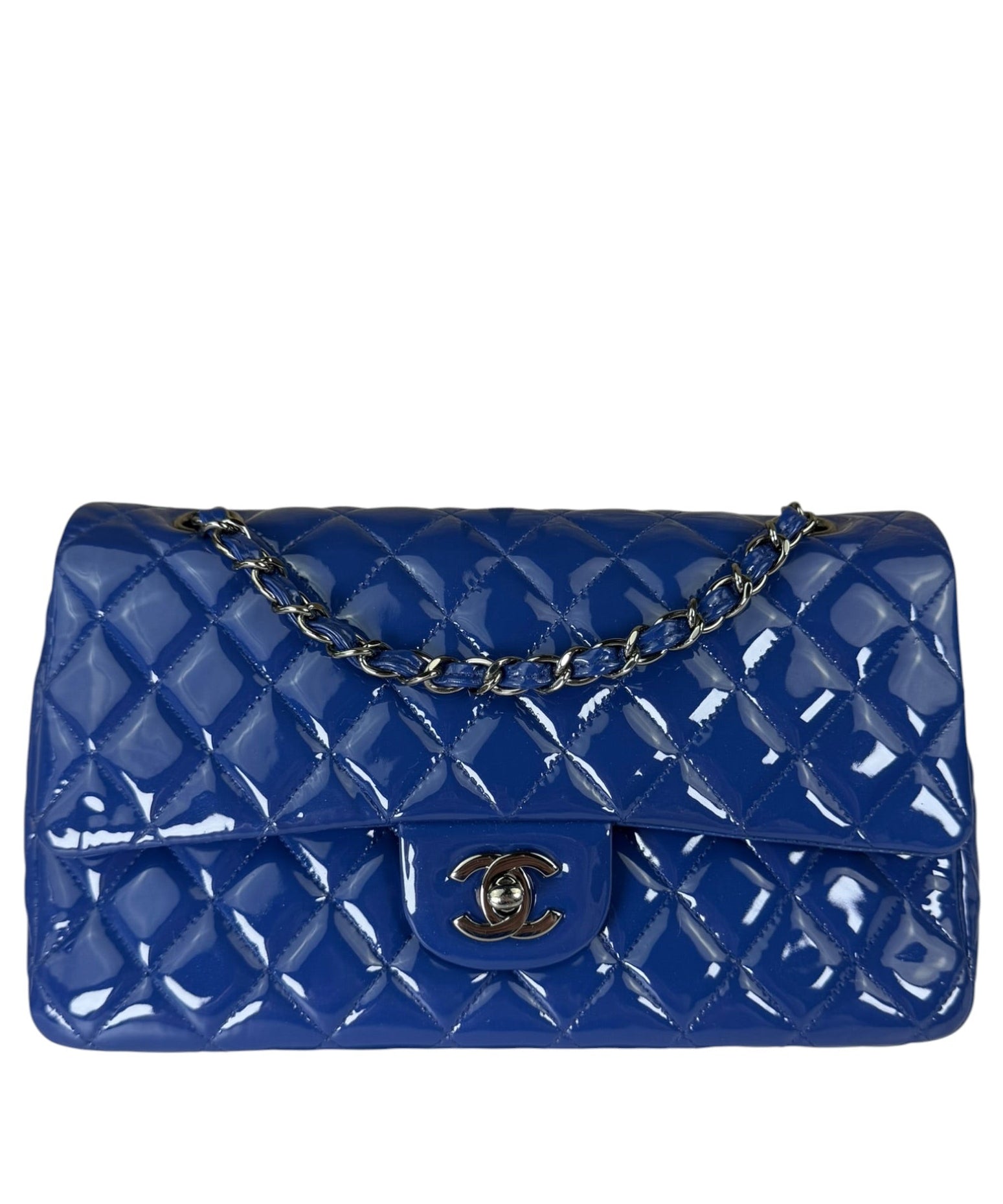 Chanel Shiny Blue Quilted Patent Leather Trim Double Flap Bag 2012