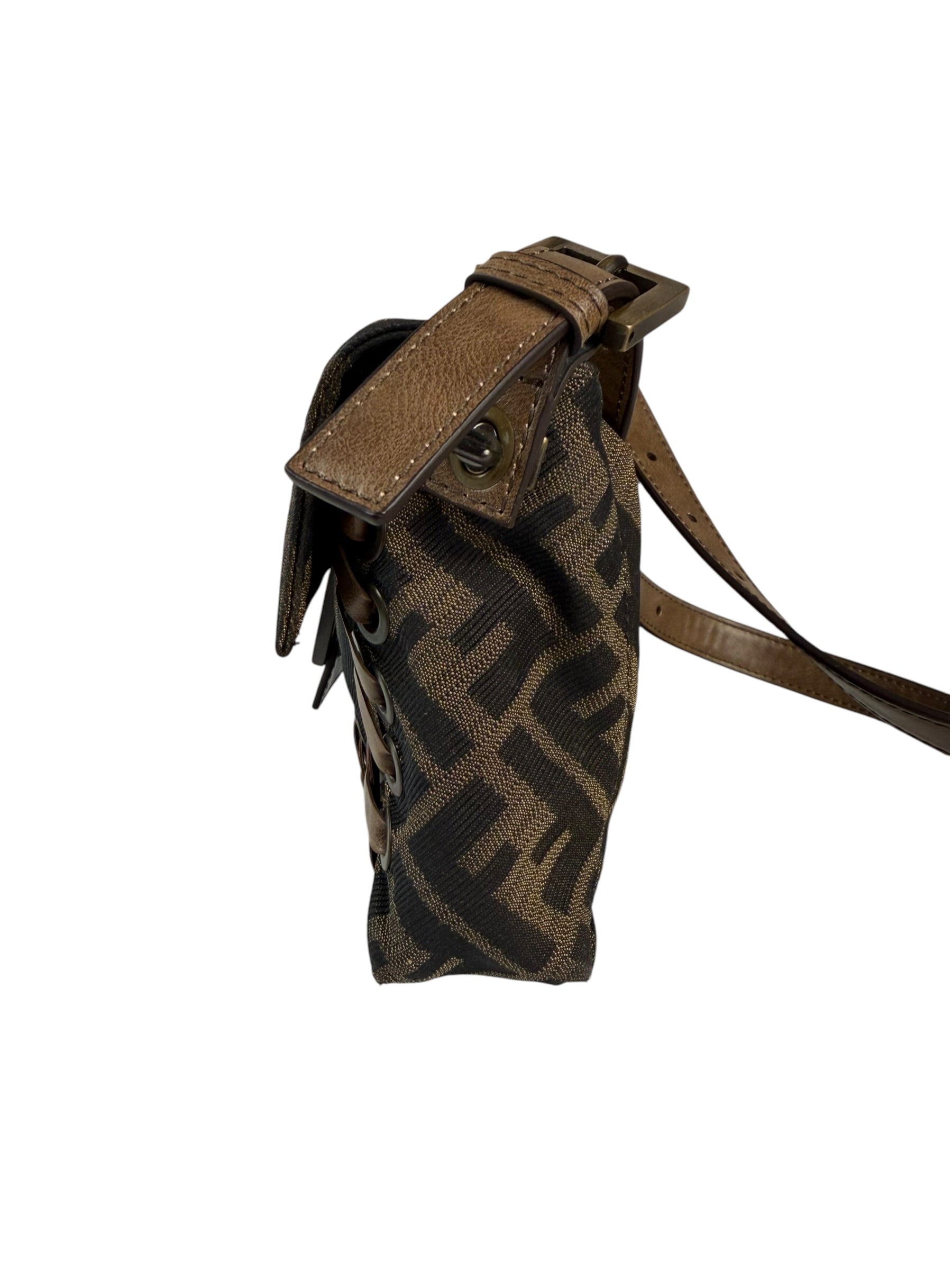 Fendi Vintage Brown Leather Trim Zucca Whipstitch XL Baguette