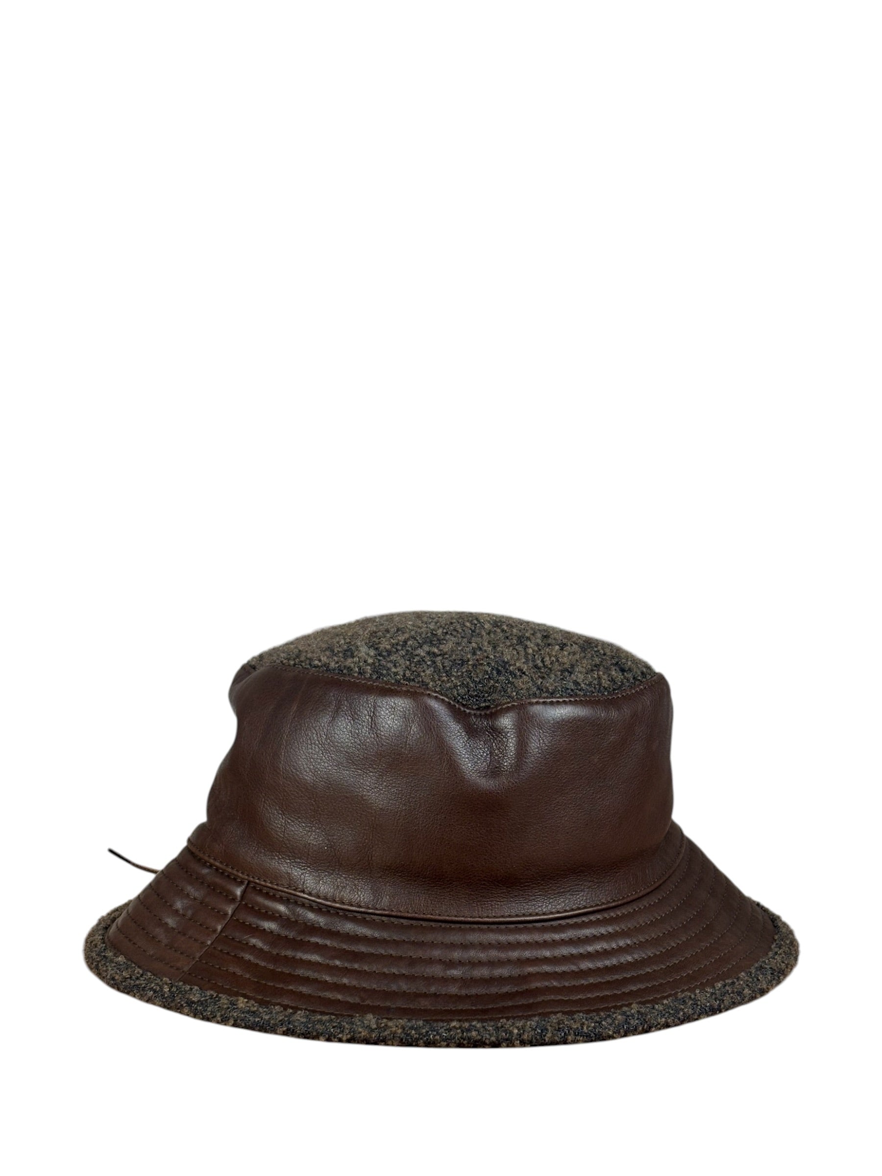 Hermes Vintage Brown Leather-Trimmed Motsch Bucket Hat