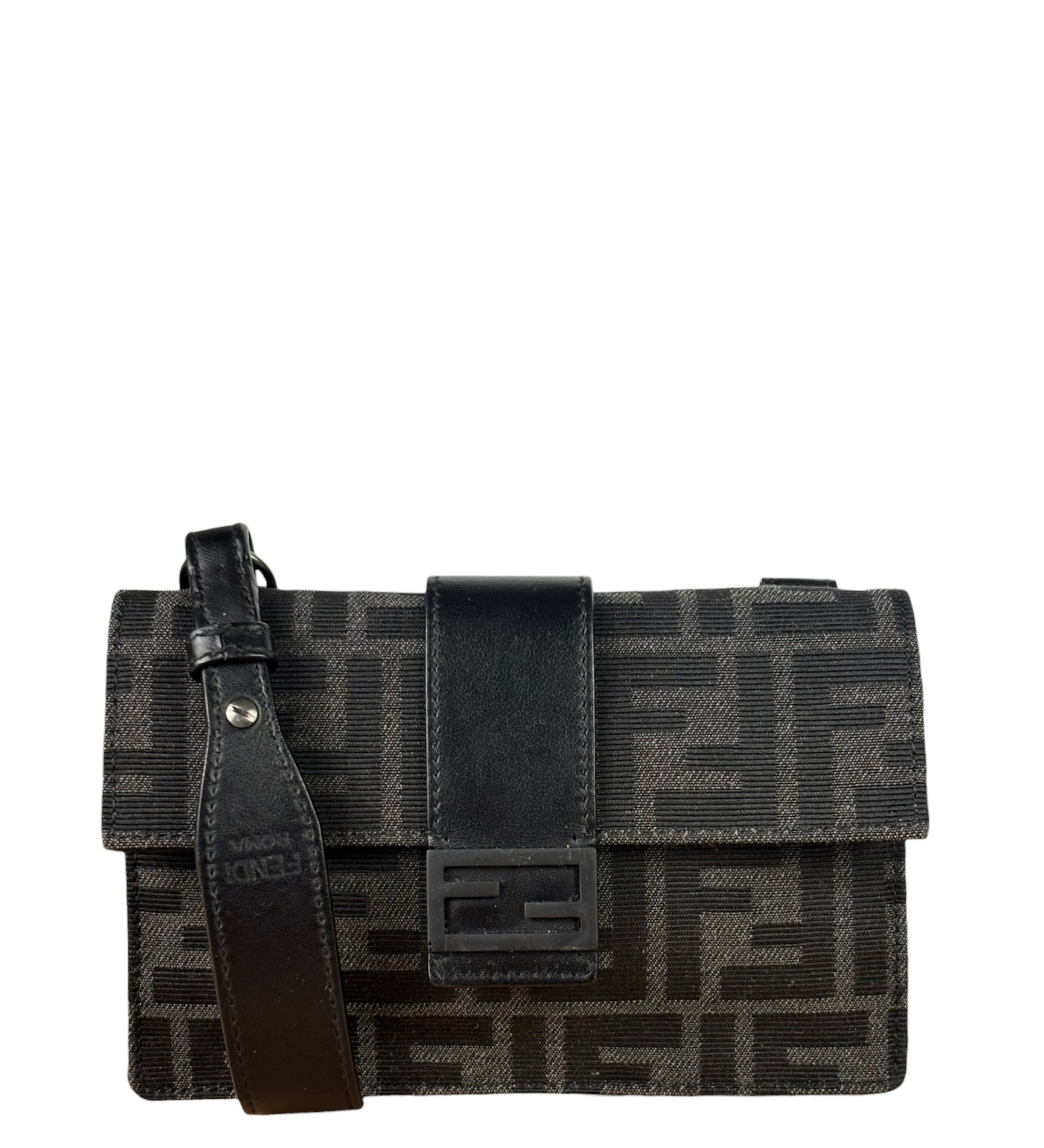 Fendi FF Black Canvas Flap Mini Baguette Shoulder Bag
